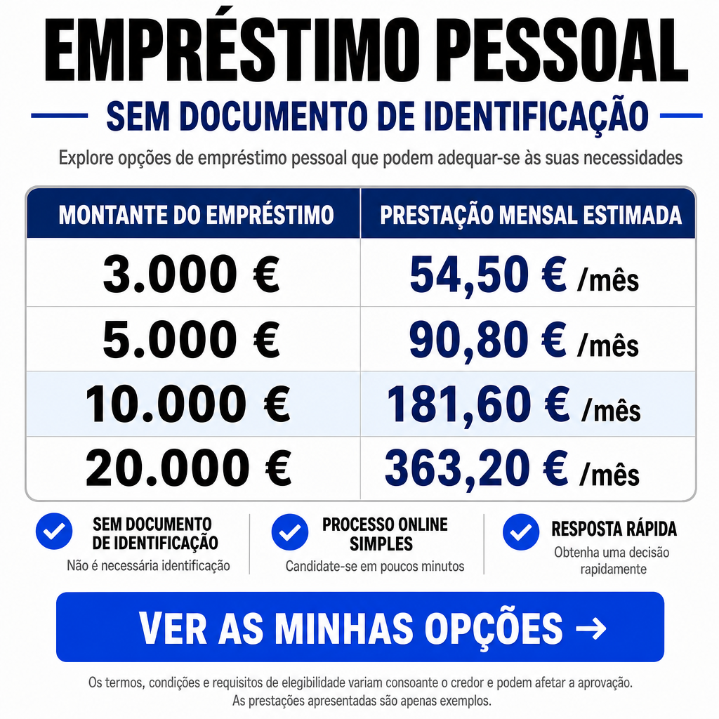Criar um criativo publicitário de crédito/empréstimo pessoal para o público de Portugal, em formato quadrado, aproximadamente 1000 × 1000 px, reproduzindo com máxima fidelidade a composição da referência.  Criar uma peça gráfica profissional, limpa, corporativa, tipográfica e informativa, com fundo branco e sem fotografias.  CABEÇALHO  Na parte superior, centralizar uma headline enorme:  “EMPRÉSTIMO PESSOAL”  Utilizar fonte sans-serif extremamente pesada, semelhante a Anton, Impact, Bebas Neue Bold ou Arial Black. Letras pretas, maiúsculas, compactas e muito grandes.  Logo abaixo, colocar:  “SEM DOCUMENTO DE IDENTIFICAÇÃO”  em azul-escuro, letras maiúsculas, sans-serif muito bold.  Adicionar um pequeno traço horizontal azul à esquerda e outro à direita dessa segunda linha, mantendo o mesmo alinhamento visual da referência.  Abaixo inserir o subtítulo:  “Explore opções de empréstimo pessoal que podem adequar-se às suas necessidades”  Utilizar fonte sans-serif regular/medium, cinzento-escuro, menor e perfeitamente centralizada.  TABELA  Logo abaixo do subtítulo, criar uma grande tabela branca com cantos arredondados, borda fina cinzenta e aproximadamente 88–90% da largura da imagem.  No topo da tabela, criar uma faixa horizontal azul-escura.  Dividir essa faixa em duas colunas iguais.  Na primeira coluna escrever:  “MONTANTE DO EMPRÉSTIMO”  Na segunda:  “PRESTAÇÃO MENSAL ESTIMADA”  Utilizar letras brancas, maiúsculas, bold e centralizadas.  Separar as duas colunas com uma linha vertical fina.  Criar quatro linhas de valores:  3.000 € | 54,50 € /mês  5.000 € | 90,80 € /mês  10.000 € | 181,60 € /mês  20.000 € | 363,20 € /mês  Os montantes da primeira coluna devem aparecer em preto, muito grandes e extremamente bold.  Os valores das prestações devem aparecer em azul-escuro, muito grandes e extremamente bold, enquanto “/mês” deve ser menor e preto.  Separar as linhas por divisórias horizontais muito finas.  Destacar visualmente a terceira linha, correspondente a 10.000 €, usando um fundo azul muito claro/cinza-azulado, exatamente como na referência.  Manter a tabela organizada, perfeitamente alinhada e com espaçamentos uniformes.  BENEFÍCIOS  Abaixo da tabela, criar uma seção com três colunas iguais.  Cada coluna deve começar com um pequeno círculo azul contendo um check branco.  Primeira coluna:  “SEM DOCUMENTO DE IDENTIFICAÇÃO”  “Não é necessária identificação”  Segunda coluna:  “PROCESSO ONLINE SIMPLES”  “Candidate-se em poucos minutos”  Terceira coluna:  “RESPOSTA RÁPIDA”  “Obtenha uma decisão rapidamente”  Os títulos devem ser pretos, bold e relativamente pequenos. Os subtítulos devem ser ainda menores, cinzentos e regulares.  Separar as três colunas com duas linhas verticais finas e discretas.  CTA  Abaixo dos três benefícios, centralizar um grande botão azul horizontal.  O botão deve possuir:  fundo azul intenso; cantos arredondados; formato retangular horizontal; aproximadamente 75% da largura da imagem; nenhuma fotografia; nenhuma textura; nenhuma sombra pesada.  Dentro do botão escrever exatamente:  “VER AS MINHAS OPÇÕES →”  Texto branco, maiúsculo, extremamente bold e grande.  A seta deve estar posicionada no final do texto e apontar para a direita.  TEXTO LEGAL  Na parte inferior, adicionar texto pequeno, cinzento e centralizado:  “Os termos, condições e requisitos de elegibilidade variam consoante o credor e podem afetar a aprovação.”  “As prestações apresentadas são apenas exemplos.”  Utilizar tamanho pequeno, mantendo o texto claramente secundário em relação ao CTA.  ESTILO  Utilizar exclusivamente uma estética gráfica limpa e profissional.  Fundo branco predominante.  Cores principais: preto, branco, azul-escuro, azul muito claro e cinzento.  Não utilizar fotografias, pessoas, dinheiro físico, notas, moedas, ilustrações complexas, gradientes fortes ou elementos decorativos desnecessários.  Manter margens, espaçamentos, alinhamentos, tamanhos relativos e hierarquia visual extremamente próximos da referência.  Todo o texto deve estar em português de Portugal (PT-PT), perfeitamente legível, corretamente escrito e com acentuação portuguesa correta. Não utilizar inglês, neerlandês, português do Brasil ou qualquer outro idioma.  Utilizar exclusivamente euros (€) e apresentação monetária adequada a Portugal.  Preserve a composição e o layout da referência com máxima fidelidade. Não reinterpretar o design nem criar uma nova composição. Manter as proporções, posições, cores, espaçamentos, tamanhos relativos, alinhamentos e hierarquia visual da referência. Adaptar todo o conteúdo para português de Portugal e todos os valores monetários para euros (€).  Garantir que não sejam adicionadas palavras, logótipos ou elementos que não foram solicitados.