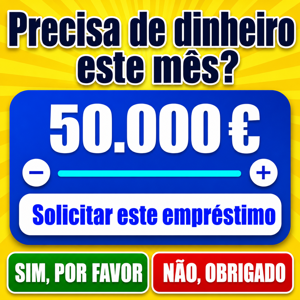 Criar um criativo publicitário quadrado, 1254 × 1254 px, proporção 1:1, para uma campanha de crédito/empréstimo pessoal direcionada ao público de Portugal.  Reproduzir a composição da referência com máxima fidelidade visual, mantendo a mesma estrutura, proporções, hierarquia, posicionamento e quantidade de elementos.  FUNDO  Utilizar um fundo amarelo intenso/dourado, vibrante e luminoso.  Adicionar raios radiais suaves em diferentes tonalidades de amarelo, partindo da região central/superior da imagem e espalhando-se para as extremidades. Os raios devem ser discretos, mas claramente visíveis, criando uma estética energética de publicidade promocional.  Não utilizar fotografias.  HEADLINE  Na parte superior central, colocar exatamente:  “Precisa de dinheiro” “este mês?”  Utilizar fonte sans-serif extremamente pesada, estilo Black/ExtraBold, muito grande.  A primeira linha deve ocupar quase toda a largura da imagem.  A segunda linha deve ficar centralizada abaixo da primeira.  Texto em azul-marinho muito escuro, com contorno branco espesso ao redor das letras e uma sombra muito discreta para destacar a tipografia contra o fundo amarelo.  Manter as duas linhas muito próximas, formando um único bloco de headline.  PAINEL CENTRAL  Abaixo da headline, criar um grande painel azul vivo ocupando aproximadamente 87% da largura da imagem e cerca de metade da altura total.  O painel deve ser um retângulo horizontal com cantos extremamente arredondados e uma sombra suave.  A aparência deve lembrar uma interface gráfica de seleção de montante de empréstimo.  MONTANTE  Dentro do painel, na parte superior, colocar exatamente:  “50.000 €”  O valor deve ser enorme, branco, sans-serif Black/ExtraBold e perfeitamente legível.  O número deve ser o principal elemento visual do painel.  Não escrever “MXN”, “EUR”, “USD” ou qualquer outra sigla monetária.  Utilizar exclusivamente:  “50.000 €”  SELETOR  Abaixo do valor, criar um controle horizontal.  À esquerda, colocar um círculo branco grande com o símbolo:  “−”  O símbolo deve ser azul e centralizado.  No centro, criar uma barra horizontal fina de cor azul-turquesa/ciano, com extremidades arredondadas.  À direita, colocar outro círculo branco igual ao primeiro, contendo:  “+”  O símbolo deve ser azul.  Os dois círculos devem possuir uma pequena sombra e estar perfeitamente alinhados.  CTA INTERNO  Na parte inferior do painel azul, criar um grande botão branco horizontal.  O botão deve possuir:  fundo branco; cantos bastante arredondados; sombra suave; aproximadamente 85% da largura do painel; texto azul intenso; fonte sans-serif extremamente bold; texto grande e perfeitamente centralizado.  Escrever exatamente:  “Solicitar este empréstimo”  BOTÕES INFERIORES  Abaixo do painel azul, criar dois grandes botões horizontais lado a lado.  ESQUERDA  Botão verde vivo com:  “SIM, POR FAVOR”  Texto branco, maiúsculo, grande e extremamente bold.  O botão deve possuir cantos arredondados, contorno branco fino e sombra inferior.  DIREITA  Botão vermelho vivo com:  “NÃO, OBRIGADO”  Texto branco, maiúsculo, grande e extremamente bold.  Mesmo tamanho e formato do botão verde.  Manter:  verde à esquerda → vermelho à direita  Os dois botões devem possuir exatamente a mesma altura e largura aproximada, separados por um espaço uniforme.  ESTILO GERAL  Criar uma estética de publicidade financeira forte, vibrante, direta e altamente legível.  Paleta principal:  amarelo/dourado no fundo; azul vivo no painel; azul-marinho na headline; branco nos textos de destaque; azul-turquesa no seletor; verde no botão positivo; vermelho no botão negativo.  Utilizar sombras suaves apenas onde presentes na referência, principalmente no painel azul, nos círculos do seletor e nos botões inferiores.  Não adicionar fotografias, pessoas, notas, moedas, logótipos, marcas, ícones ou textos adicionais.  Todo o texto deve estar em português de Portugal (PT-PT), perfeitamente legível, corretamente escrito e com acentuação portuguesa correta. Não utilizar espanhol, português do Brasil, inglês ou qualquer outro idioma.  Utilizar exclusivamente euros (€). O montante deve aparecer exatamente como:  “50.000 €”  Preserve a composição e o layout da referência com máxima fidelidade. Não reinterpretar o design nem criar uma nova composição. Manter as proporções, posições, cores, espaçamentos, tamanhos relativos e hierarquia visual da referência. Alterar o conteúdo textual para português de Portugal e adaptar o valor monetário para euros (€).  Os únicos textos visíveis na imagem devem ser:  “Precisa de dinheiro” “este mês?” “50.000 €” “−” “+” “Solicitar este empréstimo” “SIM, POR FAVOR” “NÃO, OBRIGADO”  Não inventar nenhuma palavra adicional e não deformar os caracteres.