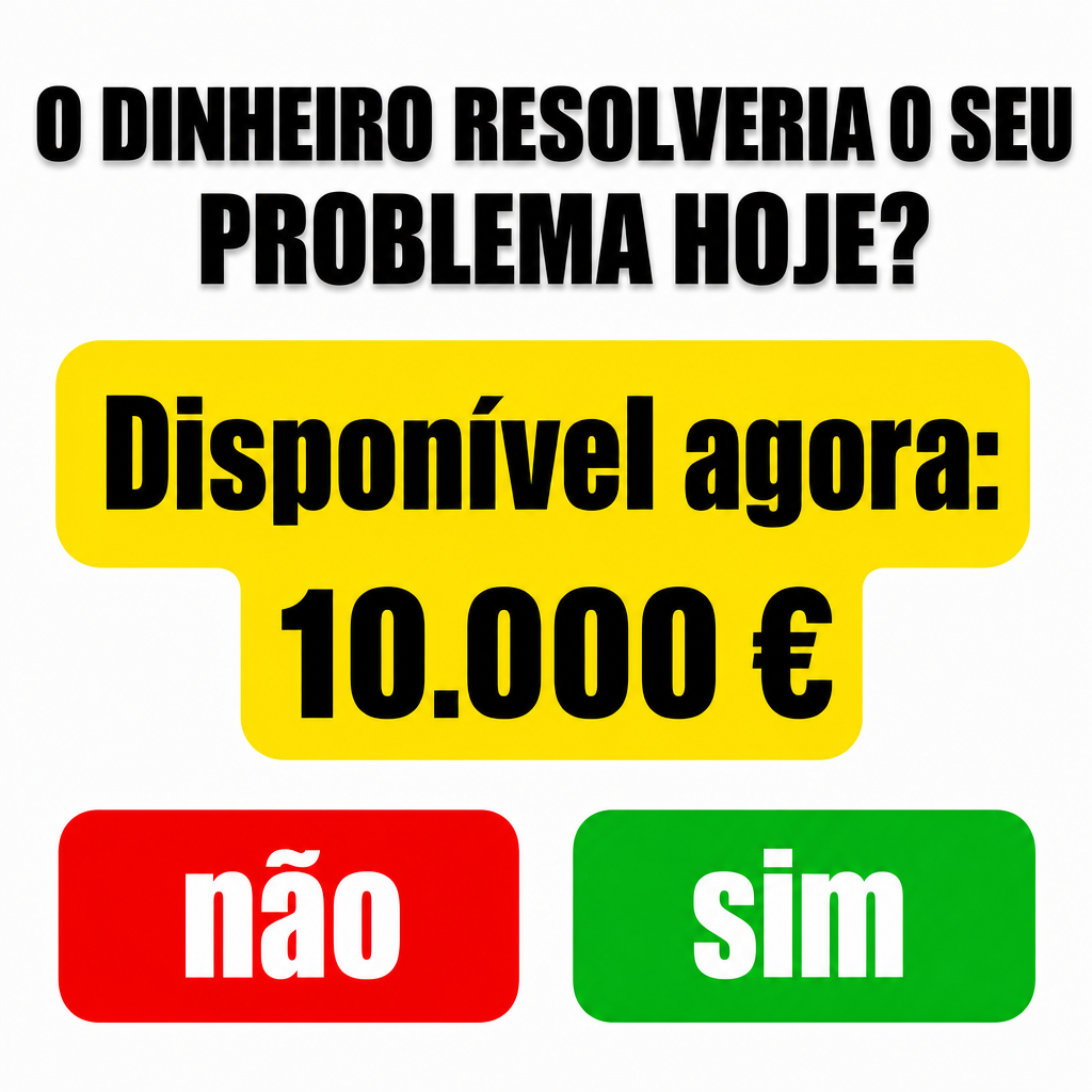 Criar um criativo publicitário quadrado de 1080 × 1080 px, proporção 1:1, para um anúncio de crédito/empréstimo direcionado ao público de Portugal.  Reproduzir a referência com máxima fidelidade visual, mantendo exatamente a mesma estrutura minimalista, distribuição dos elementos, proporções, espaçamentos, cores e hierarquia.  FUNDO  Utilizar um fundo branco puro, completamente uniforme, sem textura, sem gradiente e sem elementos decorativos.  Manter bastante espaço negativo entre os diferentes elementos.  TÍTULO  Na região superior da imagem, colocar o seguinte texto exatamente:  “O DINHEIRO RESOLVERIA O SEU”  “PROBLEMA HOJE?”  Distribuir em duas linhas, centralizadas horizontalmente.  Utilizar uma fonte sans-serif Black/ExtraBold, extremamente pesada, em letras maiúsculas, de tamanho muito grande.  A primeira linha deve ser bastante larga, ocupando quase toda a largura da imagem. A segunda linha deve ficar centralizada abaixo dela.  Texto preto sólido com uma sombra preta/cinza suave e discreta, semelhante à referência.  Não utilizar qualquer outro texto no topo.  ELEMENTO AMARELO  Abaixo do título, criar um grande elemento promocional amarelo vivo, sem contorno e sem gradiente.  O elemento deve reproduzir o formato da referência:  grande retângulo horizontal superior; cantos bastante arredondados; bloco inferior mais estreito; bloco inferior centralizado; os dois blocos devem formar visualmente uma única etiqueta em formato de T; manter exatamente a mesma proporção entre o bloco superior e o bloco inferior.  O bloco superior deve ocupar aproximadamente 95% da largura disponível.  Dentro da parte superior amarela, escrever:  “Disponível agora:”  Utilizar fonte sans-serif Black/ExtraBold, preta, muito grande, centralizada.  Na parte inferior amarela, escrever:  “10.000 €”  O montante deve ser muito grande, preto, extremamente bold e perfeitamente centralizado.  Utilizar a apresentação monetária portuguesa:  10.000 €  Não utilizar MXN, $, R$, RON, USD ou qualquer outra moeda.  BOTÕES INFERIORES  Na região inferior da imagem, colocar dois grandes botões horizontais lado a lado, exatamente como na referência.  O botão esquerdo deve ser vermelho vivo, com cantos muito arredondados e sem borda.  Dentro dele, escrever:  “não”  Em letras minúsculas, brancas, muito grandes, sans-serif Black/ExtraBold, perfeitamente centralizadas.  O botão direito deve ser verde vivo, com o mesmo tamanho e formato do botão vermelho.  Dentro dele, escrever:  “sim”  Em letras minúsculas, brancas, muito grandes, sans-serif Black/ExtraBold, perfeitamente centralizadas.  Manter obrigatoriamente a ordem:  NÃO à esquerda — SIM à direita  COMPOSIÇÃO  Manter grandes áreas de espaço branco entre:  o título; o bloco amarelo; os botões inferiores.  Não adicionar fotografias, pessoas, moedas, notas, logótipos, ícones, ilustrações, selos ou elementos decorativos.  A peça deve parecer um criativo publicitário digital simples, direto e altamente legível.  Todo o texto deve estar em português de Portugal (PT-PT), perfeitamente legível, corretamente escrito e com acentuação portuguesa correta. Não utilizar espanhol, português do Brasil ou inglês. Substituir todo o texto original da referência por português de Portugal natural.  Utilizar exclusivamente euros (€). O montante deve aparecer exatamente como:  “10.000 €”  Preserve a composição e o layout da referência com máxima fidelidade. Não reinterpretar o design nem criar uma nova composição. Manter as proporções, posições, cores, espaçamentos, tamanhos relativos, formas dos blocos e hierarquia visual da referência. Alterar o conteúdo textual para português de Portugal e adaptar o valor monetário para euros (€).  Os únicos textos visíveis devem ser:  “O DINHEIRO RESOLVERIA O SEU” “PROBLEMA HOJE?” “Disponível agora:” “10.000 €” “não” “sim”  Não adicionar qualquer texto extra.