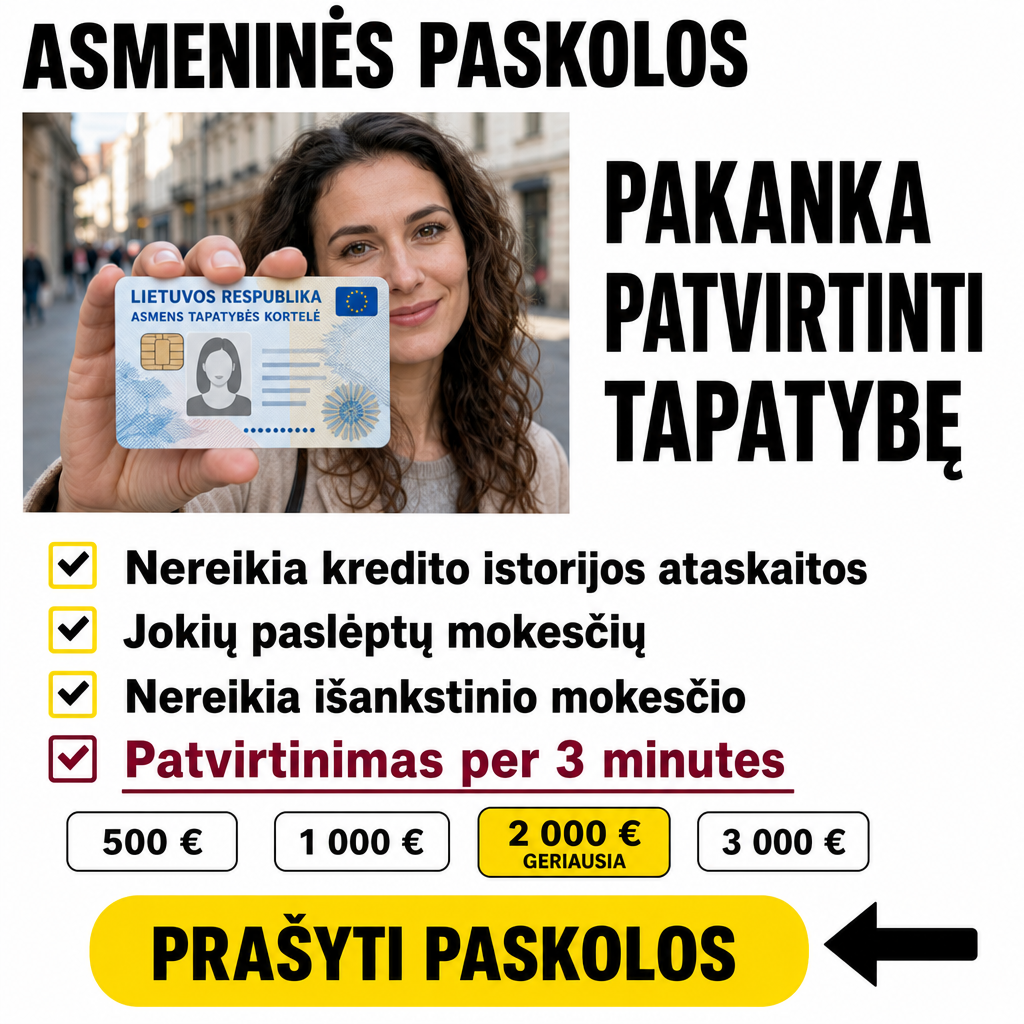 Crie um criativo publicitário vertical de alta conversão para um serviço de empréstimo pessoal na Lituânia, completamente localizado para o público lituano e escrito EXCLUSIVAMENTE em lituano.  IMPORTANTE: a composição deve preservar fielmente a estrutura visual, hierarquia, proporções, ritmo e estilo de um anúncio de empréstimo pessoal moderno e direto, mas NÃO deve parecer uma cópia literal de uma peça italiana existente. Reconstrua a identidade visual para o mercado lituano.  FORMATO E COMPOSIÇÃO: - Formato vertical 4:5, aproximadamente 1240 x 1240 px. - Fundo predominantemente branco, limpo e minimalista. - Design de performance marketing, extremamente legível, direto e comercial. - Tipografia sans-serif pesada, moderna e extremamente bold, semelhante a Arial Black / Helvetica Neue Heavy / Montserrat ExtraBold. - Texto preto como elemento principal. - Elementos de destaque em amarelo vivo. - Vermelho escuro/bordô utilizado apenas em uma informação de destaque. - Ícones de checklist quadrados amarelos com marca de confirmação branca ou preta. - Muito espaço branco entre os elementos. - Aparência de anúncio financeiro criado para redes sociais, com foco máximo em leitura rápida no celular. - Não utilizar estética luxuosa, bancária sofisticada ou corporativa excessiva. A peça deve parecer simples, acessível, direta e fácil de entender.  ESTRUTURA EXATA:  1. CABEÇALHO SUPERIOR: Na parte superior da imagem, ocupar aproximadamente 15–18% da composição com uma manchete enorme em preto, alinhada à esquerda:  "ASMENINĖS PASKOLOS"  A frase deve estar em letras maiúsculas, muito grossas, pretas, com espaçamento compacto entre caracteres.  2. BLOCO PRINCIPAL COM FOTOGRAFIA: Abaixo do título, criar uma fotografia retangular ocupando aproximadamente a metade esquerda da área central.  Mostrar uma mulher adulta lituana, aparência natural e amigável, cabelos castanhos escuros cacheados ou levemente ondulados, pele clara a média, expressão confiante e um pequeno sorriso.  Ela está segurando em primeiro plano um documento de identidade lituano moderno, próximo à câmera, de forma que o documento seja claramente visível.  A mulher deve estar em um ambiente urbano europeu contemporâneo, discretamente desfocado no fundo, com arquitetura que remeta à Lituânia, sem pontos turísticos exageradamente óbvios.  O documento deve parecer uma CARTA DE IDENTIDADE LITUANA fictícia e não funcional, inspirado visualmente em um documento europeu moderno, sem reproduzir exatamente um documento oficial real.  Detalhes visuais do documento: - proporção de cartão bancário; - predominância de tons azul-claro, azul e branco; - pequeno símbolo/elemento visual relacionado à União Europeia; - indicação textual fictícia "LIETUVOS RESPUBLIKA"; - texto "ASMENS TAPATYBĖS KORTELĖ"; - pequeno retrato feminino; - chip eletrônico; - linhas e elementos de segurança gráficos; - pequenos campos de informações pessoais; - aparência de documento oficial europeu; - NÃO utilizar números de documento reais; - NÃO utilizar nomes reais; - NÃO utilizar datas reais; - NÃO utilizar códigos MRZ funcionais; - todas as informações pessoais devem ser fictícias, ilegíveis ou claramente decorativas.  O cartão deve parecer plausível visualmente, mas NÃO deve ser utilizável como documento de identidade real.  3. TEXTO AO LADO DA FOTO: Na metade direita da área central, colocar uma frase grande em preto, distribuída em 3 linhas:  "PAKANKA PATVIRTINTI TAPATYBĘ"  Usar tipografia muito pesada, preta, com palavras grandes e forte contraste.  A frase deve transmitir visualmente a ideia: "É necessário apenas comprovar sua identidade."  4. LISTA DE BENEFÍCIOS: Abaixo da fotografia e do texto principal, criar quatro linhas horizontais.  Cada linha começa com um ícone quadrado amarelo com cantos levemente arredondados e um símbolo de check bem definido.  Os textos devem ser grandes, pretos, em negrito e perfeitamente legíveis.  Usar exatamente estes textos em lituano:  "☑ Nereikia kredito istorijos ataskaitos"  "☑ Jokių paslėptų mokesčių"  "☑ Nereikia išankstinio mokesčio"  "☑ Patvirtinimas per 3 minutes"  A última linha deve receber maior destaque visual: - texto em vermelho escuro/bordô; - fonte ligeiramente maior; - uma linha horizontal vermelha/bordô logo abaixo do texto; - manter o mesmo ícone amarelo de checklist.  5. MOEDA E VALORES: Integrar discretamente referências à moeda local da Lituânia, sempre usando EURO (€), nunca litas.  Adicionar pequenos elementos gráficos ou texto secundário que indiquem valores de empréstimo em euros, por exemplo:  "500 €" "1 000 €" "2 000 €"  Os valores devem aparecer de maneira secundária e organizada, sem competir com a manchete principal.  Não criar números exagerados ou promessas financeiras específicas além dos valores demonstrativos.  6. BOTÃO CTA: Na parte inferior, criar um enorme botão horizontal amarelo com cantos extremamente arredondados, ocupando aproximadamente 55–60% da largura.  O botão deve ter: - fundo amarelo vivo; - texto preto; - tipografia extremamente bold; - formato de cápsula arredondada; - aparência de botão clicável de anúncio digital.  Texto do botão:  "PRAŠYTI PASKOLOS"  ou, como alternativa mais natural para um CTA:  "GAUTI PASKOLĄ"  Escolher uma única versão e mantê-la centralizada.  Adicionar uma grande seta preta apontando para o botão pelo lado direito, semelhante a uma seta desenhada manualmente ou um ponteiro gráfico grande e pesado.  7. PALETA: - Branco: fundo dominante. - Preto: textos principais. - Amarelo vivo: checkboxes, botão e pequenos elementos de destaque. - Vermelho escuro/bordô: somente a promessa/linha de destaque. - Azul claro e azul: somente no documento de identidade. - Evitar excesso de outras cores.  8. HIERARQUIA VISUAL: A leitura deve acontecer nesta ordem:  1. "ASMENINĖS PASKOLOS" 2. fotografia da mulher segurando o documento 3. "PAKANKA PATVIRTINTI TAPATYBĘ" 4. quatro benefícios 5. "Patvirtinimas per 3 minutes" 6. botão amarelo "GAUTI PASKOLĄ" 7. seta preta apontando para o botão  9. ESTILO FOTOGRÁFICO: Fotografia extremamente realista, iluminação natural, aparência de fotografia publicitária profissional, pele com textura natural, sem aparência artificial de IA.  A mulher deve parecer uma pessoa comum e acessível, não uma modelo de banco.  O documento deve estar em foco e suficientemente grande para ser reconhecido como um cartão de identidade europeu/lituano fictício.  Profundidade de campo moderada, fundo desfocado, iluminação suave e natural.  10. DETALHES DE DESIGN: - alinhamentos perfeitamente organizados; - margens consistentes; - nenhum elemento cortado; - nenhum texto sobreposto à fotografia; - nenhum excesso de sombras; - botão com sombra extremamente discreta ou sem sombra; - ícones de check visualmente uniformes; - tipografia extremamente nítida; - contraste muito alto; - aparência de anúncio profissional de Meta Ads / social media; - composição limpa e agressiva visualmente, com grande impacto em poucos segundos.  11. IDIOMA: TODO o texto visível deve estar em LITUANO. NÃO usar italiano. NÃO usar português. NÃO usar inglês. NÃO gerar palavras aleatórias ou texto ilegível.  12. SEGURANÇA E AUTENTICIDADE: O documento de identidade mostrado deve ser claramente fictício e não funcional. Não copiar exatamente o layout, número, código, assinatura, holograma ou elementos de segurança de um documento oficial lituano real. Usar apenas características visuais genéricas de um cartão de identidade europeu para comunicar o conceito.  O resultado final deve parecer um anúncio lituano profissional de empréstimo pessoal, mantendo a mesma lógica visual da referência: manchete gigante + foto com documento + texto explicativo + quatro checklists + destaque em vermelho + grande botão amarelo + seta preta.