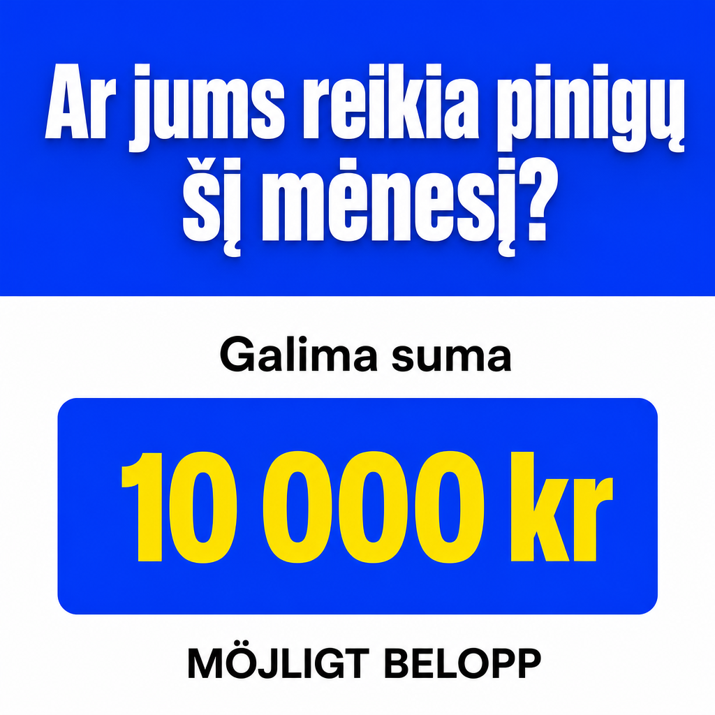 Crie uma nova versão deste criativo publicitário quadrado, mantendo a composição visual da imagem de referência com MÁXIMA FIDELIDADE.  IMPORTANTE: NÃO redesenhar livremente a composição. NÃO transformar o design em um layout minimalista. NÃO aumentar áreas vazias. NÃO reduzir o tamanho dos elementos principais. NÃO alterar as proporções gerais da composição.  A imagem deve parecer claramente a MESMA peça publicitária da referência, apenas com os elementos especificados abaixo removidos.  FORMATO: - imagem quadrada; - proporção 1:1; - aproximadamente 1024 x 1024 px; - composição perfeitamente centralizada.  ━━━━━━━━━━━━━━━━━━━━ 1. CABEÇALHO AZUL ━━━━━━━━━━━━━━━━━━━━  Mantenha um grande bloco azul intenso ocupando aproximadamente os 30–32% superiores da imagem.  O azul deve ser forte, vibrante e uniforme, semelhante ao azul da referência.  O cabeçalho NÃO deve ficar mais alto do que na referência e NÃO deve ocupar uma proporção maior da imagem.  No centro do cabeçalho, mantenha a pergunta em lituano:  “Ar jums reikia pinigų šį mėnesį?”  O texto deve estar exatamente assim, em duas linhas.  Use uma fonte sans-serif muito pesada, moderna e branca.  A primeira linha: “Ar jums reikia pinigų”  A segunda linha: “šį mėnesį?”  O texto deve ser MUITO GRANDE, ocupando aproximadamente 80–85% da largura do cabeçalho.  A primeira linha deve começar próxima das margens laterais, mas permanecer completamente dentro da imagem.  A segunda linha deve ficar perfeitamente centralizada abaixo da primeira.  Mantenha uma sombra muito sutil atrás das letras, apenas para melhorar a separação entre o branco e o azul.  NÃO diminuir o título. NÃO deixar grandes espaços vazios acima ou ao redor do título.  O título é um dos principais elementos visuais da imagem.  ━━━━━━━━━━━━━━━━━━━━ 2. REMOVER AS MOEDAS ━━━━━━━━━━━━━━━━━━━━  REMOVA COMPLETAMENTE a ilustração de moedas localizada no canto superior direito da referência.  Não deve existir nenhum vestígio das moedas.  Remover: - pilha de moedas; - moedas individuais; - símbolo “kr” dentro da moeda; - contornos; - sombras; - qualquer ilustração relacionada a dinheiro.  O canto superior direito deve permanecer APENAS com o fundo azul.  Não substituir as moedas por nenhum outro elemento.  ━━━━━━━━━━━━━━━━━━━━ 3. TRANSIÇÃO PARA A ÁREA BRANCA ━━━━━━━━━━━━━━━━━━━━  Logo abaixo do cabeçalho azul começa uma grande área branca.  A transição entre azul e branco deve ser horizontal, reta e limpa, exatamente como na referência.  A área branca deve ocupar aproximadamente os 68–70% restantes da imagem.  ━━━━━━━━━━━━━━━━━━━━ 4. TEXTO “MÖJLIGT BELOPP” ━━━━━━━━━━━━━━━━━━━━  Na parte superior da área branca, mantenha o texto:  “Möjligt belopp”  O texto deve permanecer em preto.  Use uma fonte sans-serif grande, limpa e moderna.  O texto deve ficar centralizado horizontalmente.  IMPORTANTE: Ele deve permanecer relativamente próximo da parte superior da área branca, como na referência.  NÃO colocar esse texto no centro vertical da imagem.  NÃO diminuir excessivamente o tamanho.  Ele deve ocupar aproximadamente 35–40% da largura da imagem.  Deve existir um espaço moderado entre esse texto e a caixa azul abaixo, semelhante ao espaço da referência.  ━━━━━━━━━━━━━━━━━━━━ 5. GRANDE CAIXA AZUL ━━━━━━━━━━━━━━━━━━━━  Abaixo de “Möjligt belopp”, coloque uma grande caixa azul horizontal.  A caixa deve preservar aproximadamente a MESMA proporção da referência original.  Ela deve ocupar aproximadamente 84–86% da largura total da imagem.  Ela deve possuir aproximadamente 27–30% da largura da imagem em altura.  Use cantos bastante arredondados.  A caixa deve ficar perfeitamente centralizada horizontalmente.  A distância entre a caixa e as laterais da imagem deve ser aproximadamente igual dos dois lados.  NÃO reduzir a caixa.  NÃO deixar a caixa pequena no centro de uma área branca enorme.  A caixa deve ser um dos elementos dominantes da composição.  Use o mesmo azul intenso do cabeçalho ou uma tonalidade muito próxima.  ━━━━━━━━━━━━━━━━━━━━ 6. VALOR ━━━━━━━━━━━━━━━━━━━━  Dentro da caixa azul, coloque EXATAMENTE:  “10 000 kr”  O texto deve ser amarelo/dourado intenso.  Use uma fonte sans-serif extremamente pesada, grossa e moderna.  O valor deve ser MUITO GRANDE.  Ele deve ocupar aproximadamente 70–75% da largura interna da caixa.  O texto deve ficar perfeitamente centralizado horizontalmente e verticalmente.  “10 000” e “kr” devem permanecer na mesma linha.  Não quebrar o valor em duas linhas.  Não alterar a escrita para: “10,000” “10.000” “10 000 SEK”  Usar exatamente:  “10 000 kr”  ━━━━━━━━━━━━━━━━━━━━ 7. REMOVER OS BOTÕES ━━━━━━━━━━━━━━━━━━━━  REMOVER COMPLETAMENTE os dois botões inferiores presentes na referência.  Remover: - botão vermelho “NEJ”; - botão verde “JA”; - textos “NEJ” e “JA”; - sombras dos botões; - bordas; - efeitos; - qualquer elemento associado aos botões.  NÃO substituir os botões por outros botões.  NÃO adicionar chamada para ação.  NÃO adicionar nenhum novo elemento na parte inferior.  ━━━━━━━━━━━━━━━━━━━━ 8. ESPAÇO INFERIOR ━━━━━━━━━━━━━━━━━━━━  Depois da caixa azul de “10 000 kr”, deve existir espaço branco até a borda inferior.  PORÉM, esse espaço deve ser PROPORCIONAL À REFERÊNCIA.  Não criar um enorme espaço branco vazio.  A caixa azul deve permanecer posicionada aproximadamente na mesma região vertical em que aparece na referência original.  A remoção dos botões NÃO deve fazer com que a caixa azul seja deslocada para cima ou para o centro da imagem.  Mantenha a posição original da caixa e simplesmente remova os elementos inferiores.  ━━━━━━━━━━━━━━━━━━━━ 9. HIERARQUIA VISUAL ━━━━━━━━━━━━━━━━━━━━  A hierarquia deve permanecer:  1. Pergunta grande no cabeçalho azul. 2. “Möjligt belopp”. 3. Grande caixa azul. 4. “10 000 kr”.  A imagem deve continuar visualmente preenchida e equilibrada mesmo sem os botões.  ━━━━━━━━━━━━━━━━━━━━ 10. REGRAS ABSOLUTAS ━━━━━━━━━━━━━━━━━━━━  NÃO adicionar: - moedas; - notas; - pessoas; - mãos; - cursores; - ícones; - fotografias; - logotipos; - botões; - chamadas para ação; - elementos decorativos; - gráficos; - novas caixas; - novos textos.  NÃO alterar: - proporção da imagem; - posição do cabeçalho; - tamanho do título; - proporção da caixa azul; - tamanho do valor; - cores principais; - alinhamentos; - estética geral.  A única alteração estrutural deve ser:  REMOVER AS MOEDAS DO CANTO SUPERIOR DIREITO + REMOVER OS BOTÕES INFERIORES.  Todo o restante deve permanecer visualmente equivalente à imagem de referência.  RESULTADO DESEJADO:  Uma versão limpa da mesma peça original, com:  FUNDO AZUL → PERGUNTA GRANDE EM BRANCO → FUNDO BRANCO → “Möjligt belopp” → GRANDE CAIXA AZUL → “10 000 kr” → ESPAÇO BRANCO INFERIOR  O resultado NÃO deve parecer um novo design. Deve parecer a própria imagem de referência depois que as moedas e os botões foram retirados.
