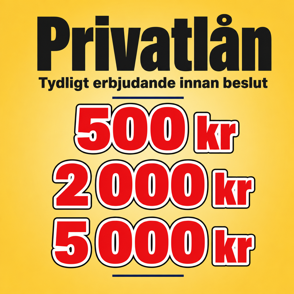 Crie uma peça publicitária vertical, moderna, limpa, extremamente chamativa e profissional para um anúncio de EMPRÉSTIMO PESSOAL na Suécia.  A composição deve ser inspirada diretamente em um anúncio financeiro promocional de alto impacto, mantendo uma estrutura visual muito semelhante a um pôster publicitário: fundo amarelo dourado, título enorme no topo, subtítulo logo abaixo e três grandes valores monetários empilhados verticalmente no centro da composição.  FORMATO: - Imagem vertical, proporção 1:1. - Alta resolução, aparência profissional de anúncio comercial. - Composição centralizada e perfeitamente equilibrada. - Muito espaço visual entre as diferentes áreas. - Design gráfico vetorial, extremamente nítido, sem textura fotográfica. - Aparência de peça publicitária profissional para redes sociais. - Todos os elementos devem estar perfeitamente alinhados. - Não adicionar pessoas, fotografias, objetos, ícones ou elementos decorativos desnecessários.  PALETA DE CORES: Utilizar uma paleta baseada em: - Amarelo dourado suave #F6CC65 como cor predominante do fundo. - Vermelho vivo #E92828 para os números e elementos de maior destaque. - Azul-marinho profundo #14213D para elementos secundários e detalhes de apoio. - Branco puro #FFFFFF para contornos e separações. - Preto suave #171717 para o título principal e alguns contornos.  O fundo deve ser predominantemente amarelo dourado #F6CC65, uniforme e elegante, podendo apresentar uma variação muito sutil de luminosidade no centro para dar profundidade, mas sem gradientes exagerados.  HIERARQUIA VISUAL:  1. TÍTULO PRINCIPAL: Na parte superior da imagem, centralizado, colocar exatamente:  "Privatlån"  A palavra deve ocupar aproximadamente 75–85% da largura da composição.  Usar uma fonte sans-serif extremamente pesada, bold/black, semelhante a Helvetica Black, Arial Black, Anton, Impact ou outra tipografia geométrica pesada e moderna.  O título deve ser preto suave #171717.  A palavra deve ter: - letras grandes; - peso visual muito forte; - espaçamento entre letras levemente compacto; - alinhamento perfeitamente centralizado; - excelente legibilidade; - nenhuma sombra exagerada; - aparência de headline de publicidade financeira premium.  Não alterar a palavra. Não traduzir. Não adicionar outras palavras ao título.  2. SUBTÍTULO: Logo abaixo do título, colocar exatamente:  "Tydligt erbjudande innan beslut"  O texto deve ser perfeitamente legível e escrito exatamente dessa forma.  Usar uma fonte sans-serif bold, aproximadamente 35–45% do tamanho visual do título principal.  Cor: #171717.  O subtítulo deve ficar centralizado horizontalmente e apresentar uma distância pequena, porém confortável, em relação ao título.  A frase deve funcionar como uma segunda camada de informação, sem competir visualmente com "Privatlån".  3. PRIMEIRO VALOR: Na região central superior, colocar:  "500 kr"  O número "500" deve ser gigantesco, ocupando aproximadamente 55–60% da largura disponível.  Usar vermelho vivo #E92828.  Criar um efeito de lettering publicitário com: - preenchimento vermelho; - contorno branco espesso imediatamente ao redor das letras; - contorno preto fino e forte por fora do branco.  O número deve ter aparência tridimensional apenas através das camadas de contorno, sem sombras realistas.  O texto "kr" deve aparecer à direita do número, alinhado verticalmente com ele.  "kr" também deve ser vermelho #E92828, com contorno branco e contorno preto externo.  O conjunto "500 kr" deve parecer uma única unidade visual.  4. SEGUNDO VALOR: Abaixo do primeiro valor, colocar:  "2 000 kr"  ATENÇÃO: O número deve aparecer exatamente como "2 000 kr", utilizando espaço entre o 2 e os três zeros.  O número deve ser gigantesco e vermelho #E92828.  Aplicar exatamente o mesmo tratamento visual: - preenchimento vermelho; - contorno branco grosso; - contorno preto externo; - tipografia extremamente pesada; - aparência de lettering promocional.  O "kr" deve ficar à direita, grande, vermelho, com os mesmos contornos branco e preto.  5. TERCEIRO VALOR: Abaixo do segundo valor, colocar:  "5 000 kr"  Novamente, utilizar espaço entre o 5 e os três zeros.  O número deve ser enorme, vermelho #E92828, com: - contorno branco espesso; - contorno preto externo; - tipografia extremamente pesada; - alto contraste; - excelente legibilidade.  O "kr" deve aparecer à direita, seguindo exatamente o mesmo padrão visual dos dois valores anteriores.  COMPOSIÇÃO DOS TRÊS VALORES:  Os três valores devem formar uma coluna vertical perfeitamente organizada:  500 kr  2 000 kr  5 000 kr  Cada linha deve ter aproximadamente a mesma altura visual.  Os números devem ser o segundo elemento mais importante da composição, depois do título.  Os valores devem ocupar grande parte da área central da imagem.  Manter espaços verticais consistentes entre as três linhas.  Não deixar os valores encostarem nas bordas.  Não sobrepor os valores uns aos outros.  O resultado deve parecer um anúncio financeiro de grande impacto visual.  TRATAMENTO DO AZUL-MARINHO:  Introduzir #14213D de maneira estratégica e discreta, sem substituir o vermelho dos valores.  O azul-marinho deve ser utilizado apenas como cor secundária de apoio, podendo aparecer em pequenos detalhes gráficos, uma linha fina, pequenos elementos de separação ou um detalhe sutil próximo à área dos valores.  NÃO utilizar azul-marinho como fundo.  NÃO transformar os números em azul.  O vermelho deve continuar sendo a principal cor de destaque.  O objetivo do azul-marinho é equilibrar visualmente o amarelo e o vermelho e adicionar uma sensação de confiança, estabilidade e sofisticação típica de uma marca financeira.  ESTILO VISUAL:  O design deve transmitir: - confiança; - oportunidade financeira; - clareza; - simplicidade; - impacto; - profissionalismo; - acessibilidade; - urgência moderada; - modernidade.  Evitar aparência barata, exageradamente chamativa ou semelhante a panfleto de supermercado.  Apesar de ser um anúncio chamativo, deve parecer uma peça gráfica profissional de uma empresa financeira moderna.  TIPOGRAFIA:  Todas as letras devem ser extremamente nítidas.  Utilizar tipografias sans-serif pesadas e modernas.  O título "Privatlån" deve ter peso máximo.  Os números devem ter tipografia display extremamente pesada, arredondada e compacta, semelhante a uma fonte esportiva/promocional, mas ainda profissional.  Os contornos devem acompanhar perfeitamente cada letra e cada número.  Não deformar as letras.  Não utilizar fontes manuscritas.  Não utilizar serifas.  Não utilizar efeitos metálicos.  Não utilizar fontes futuristas.  FUNDO:  Fundo amarelo dourado #F6CC65.  O amarelo deve ser agradável aos olhos, não excessivamente saturado.  Adicionar apenas uma variação extremamente sutil de iluminação radial, deixando o centro ligeiramente mais luminoso e as extremidades discretamente mais escuras.  Não criar textura.  Não adicionar ruído.  Não adicionar padrões.  Não adicionar imagens.  Não adicionar fotografias.  Não adicionar moedas, notas de dinheiro, cartões de crédito ou gráficos financeiros.  A simplicidade é essencial.  RESULTADO FINAL:  A imagem deve parecer um anúncio financeiro premium, extremamente legível mesmo quando visualizado rapidamente.  A primeira coisa que o espectador deve perceber é:  "Privatlån"  Depois:  "500 kr" "2 000 kr" "5 000 kr"  O olhar deve naturalmente descer do título para os três valores.  Manter alto contraste entre: amarelo do fundo, preto do título, vermelho dos valores, branco dos contornos e azul-marinho dos pequenos elementos secundários.  Garantir que TODOS os textos estejam escritos exatamente como especificado.  NÃO adicionar texto extra. NÃO modificar as palavras. NÃO traduzir o texto. NÃO trocar os valores. NÃO adicionar logotipo. NÃO adicionar botão. NÃO adicionar pessoas. NÃO adicionar objetos.  A imagem final deve ser limpa, sofisticada, extremamente nítida, comercial, moderna e visualmente impactante.