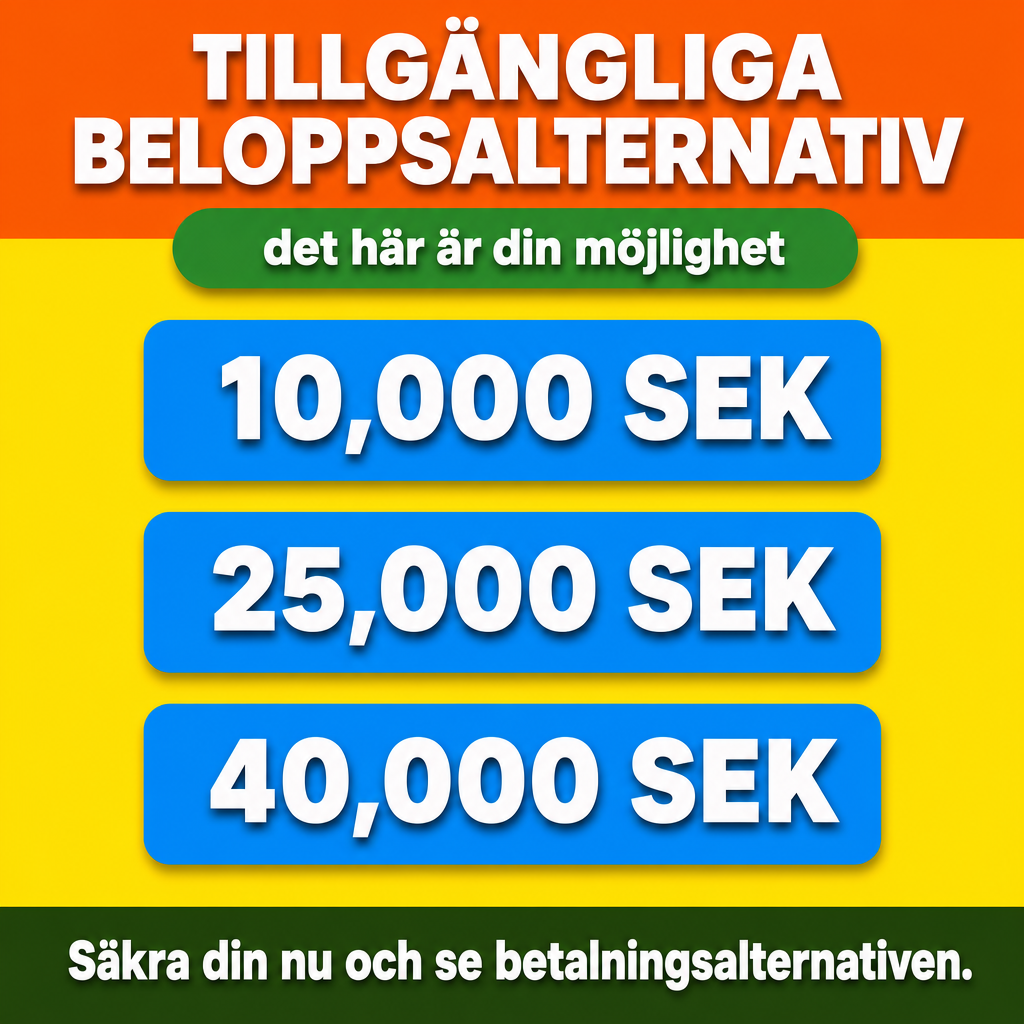Crie um criativo publicitário financeiro quadrado, formato 1080x1080 px, mantendo fielmente a composição, proporções, cores e estilo visual da imagem de referência.  ESTRUTURA GERAL: A imagem deve ser dividida em três áreas horizontais principais: 1. Cabeçalho laranja na parte superior. 2. Grande área amarela no centro. 3. Faixa verde-oliva escura no rodapé.  O design deve ser colorido, direto, moderno e altamente legível, com blocos grandes de cores sólidas, tipografia pesada e sombras suaves.  FUNDO SUPERIOR: Use um fundo laranja vivo e uniforme na parte superior, ocupando aproximadamente 24% da imagem.  TÍTULO: Substitua completamente o texto original do cabeçalho por:  “TILLGÄNGLIGA BELOPPSALTERNATIV”  O texto deve ser exatamente esse, em sueco.  Organize em duas linhas, centralizadas horizontalmente:  TILLGÄNGLIGA BELOPPSALTERNATIV  Use uma fonte sans-serif extremamente pesada, moderna, larga e em caixa alta.  O texto deve ser branco, muito grande e ocupar grande parte da largura do cabeçalho.  Adicione uma sombra escura suave projetada para baixo, mantendo o mesmo efeito visual da referência.  Preserve corretamente todos os caracteres e acentos do texto sueco.  FAIXA VERDE: Na transição entre o fundo laranja e o fundo amarelo, mantenha uma faixa verde horizontal com formato de cápsula, cantos completamente arredondados e aparência sólida.  Dentro dela, mantenha exatamente o texto:  “det här är din möjlighet”  O texto deve ser branco, em fonte sans-serif grossa, centralizado horizontal e verticalmente.  A faixa deve ficar parcialmente sobre o fundo laranja e parcialmente sobre o fundo amarelo.  ÁREA CENTRAL: Abaixo do cabeçalho, mantenha um grande fundo amarelo vivo e uniforme, ocupando a maior parte da composição.  Dentro dessa área, coloque três grandes caixas azuis, uma abaixo da outra.  As três caixas devem ter exatamente o mesmo tamanho, mesma cor, mesma forma e mesmo espaçamento vertical.  Cada caixa deve possuir: - fundo azul/ciano intenso; - cantos bastante arredondados; - aparência sólida; - sem bordas excessivamente destacadas; - sombra suave abaixo; - alinhamento perfeitamente centralizado.  PRIMEIRA CAIXA: Texto:  “10,000 SEK”  O texto deve ser branco, enorme, pesado e centralizado horizontal e verticalmente.  Adicionar uma sombra escura discreta abaixo do texto para criar profundidade.  SEGUNDA CAIXA: Texto:  “25,000 SEK”  Use exatamente o mesmo estilo da primeira caixa: texto branco, enorme, pesado, centralizado e com sombra discreta.  TERCEIRA CAIXA: Texto:  “40,000 SEK”  Também deve seguir exatamente o mesmo padrão visual das outras duas.  IMPORTANTE: As três opções devem parecer visualmente equivalentes.  REMOVER COMPLETAMENTE A MÃO DA IMAGEM.  Não incluir: - mão apontando; - mão clicando; - dedo; - cursor; - ícone de clique; - linhas de toque; - símbolos de interação; - qualquer elemento indicando que uma das três opções foi selecionada.  A segunda caixa “25,000 SEK” deve ficar completamente limpa, exatamente como as outras duas.  RODAPÉ: Na parte inferior, mantenha uma faixa horizontal verde-oliva escura ocupando aproximadamente 9% da altura da imagem.  Dentro dela, mantenha exatamente:  “Säkra din nu och se betalningsalternativen.”  O texto deve ser branco, grande, pesado e centralizado horizontalmente.  TIPOGRAFIA: Toda a tipografia deve utilizar fontes sans-serif modernas, pesadas e altamente legíveis.  Os valores monetários devem ser os elementos de maior destaque da área central.  Todos os textos devem estar perfeitamente alinhados e sem erros de ortografia.  PALETA: - Laranja vivo no cabeçalho. - Verde vibrante na faixa de subtítulo. - Amarelo intenso na área principal. - Azul/ciano intenso nas três caixas. - Verde-oliva escuro no rodapé. - Branco para todos os textos. - Preto/cinza escuro apenas nas sombras.  ESTILO FINAL: O resultado deve ser um criativo publicitário financeiro limpo, colorido, sólido e profissional.  Não adicionar fotografias, pessoas, ícones, logotipos, moedas, cartões, celulares ou qualquer outro elemento que não esteja especificado.  Manter a composição visual da referência, alterando SOMENTE: 1. o título superior para “TILLGÄNGLIGA BELOPPSALTERNATIV”; 2. removendo completamente a mão e todos os elementos de clique.