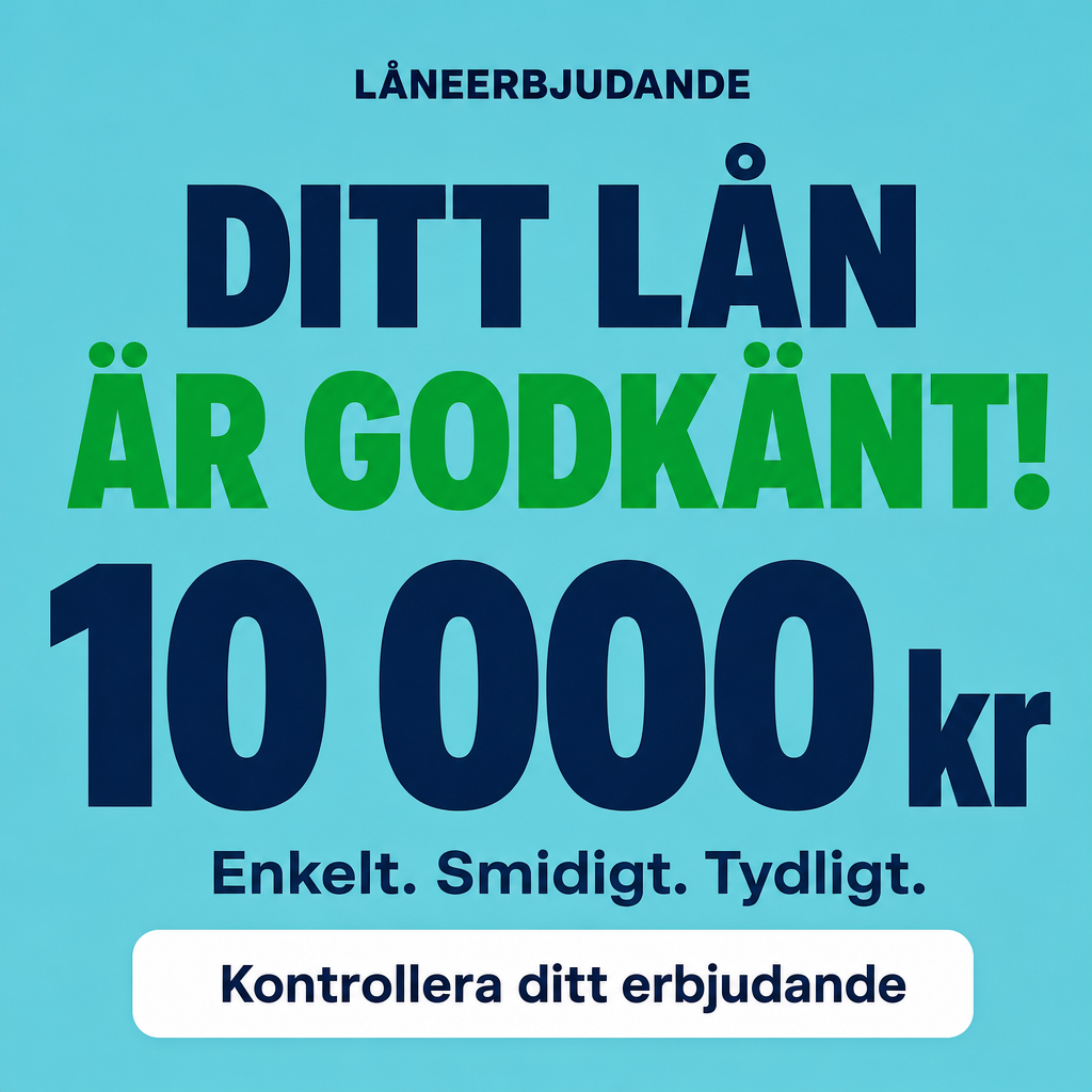 Create an original Swedish financial advertising creative for a personal loan offer.  IMPORTANT CREATIVE DIRECTION:  Use the uploaded reference image ONLY as inspiration for the advertising PRINCIPLES: - extremely strong visual hierarchy; - short and immediately understandable message; - oversized loan amount; - bold typography; - compact composition; - high contrast; - instant visual impact; - mobile-first advertising; - emotional feeling of a positive financial opportunity.  DO NOT COPY the reference image. DO NOT reproduce its layout, typography, colors, wording, shapes, icons, arrangement, or graphic details. The final design must be clearly original and visually distinct.  The creative should feel like a modern Swedish digital financial advertisement, not a Latin American advertisement translated into Swedish.  FORMAT: - Square 1:1 composition. - High resolution. - Clean professional digital advertising design. - Optimized for social media/mobile viewing. - Strong typography. - Minimal number of elements. - Excellent readability even when viewed very small.  OVERALL VISUAL STYLE:  Modern Swedish fintech aesthetic.  The design should feel: - trustworthy; - clean; - modern; - simple; - accessible; - confident; - optimistic; - financially professional; - visually powerful without looking cheap or aggressive.  Avoid the appearance of a supermarket flyer. Avoid excessive decoration. Avoid generic banking clichés. Avoid photographs of people. Avoid money bills. Avoid coins. Avoid credit cards. Avoid stock photography.  COLOR PALETTE:  Primary background: soft turquoise / cyan, approximately #62C7D6.  Primary dark color: deep navy blue, approximately #14213D.  Accent: fresh financial green, approximately #00A83B.  Secondary neutral: white, #FFFFFF.  Text: very dark navy or almost-black, approximately #111111.  Use the turquoise background as the main visual field.  Use navy for the main typography.  Use green strategically to communicate the positive financial outcome and highlight the most important information.  Do not use the orange/red palette from the reference image.  Do not create a visual copy of the reference.  TOP LABEL:  At the upper part of the composition, include a small, subtle financial label:  "LÅNEERBJUDANDE"  Use uppercase sans-serif typography.  It should be relatively small compared with the main headline.  Color: navy blue.  The label should function as a small category indicator, not as the main message.  MAIN HEADLINE:  Create the main message in Swedish:  "DITT LÅN ÄR GODKÄNT!"  The headline must be the strongest textual element.  Use an extremely bold modern sans-serif font.  Large uppercase letters.  The first line: "DITT LÅN"  The second line: "ÄR GODKÄNT!"  The headline should occupy a large portion of the upper half of the composition.  "DITT LÅN" should be dark navy.  "ÄR GODKÄNT!" should use the financial green #00A83B to emphasize the positive result.  The headline must be perfectly centered.  Use tight but readable line spacing.  The typography should feel confident and energetic.  Do not use a handwritten font.  Do not use serif typography.  Do not use decorative typography.  MAIN FINANCIAL AMOUNT:  Below the headline, create the visual centerpiece:  "10 000 kr"  The amount must be enormous.  It should be the largest numerical element in the entire composition.  Use a very heavy display sans-serif font.  The number should be visually dominant and immediately readable.  Color: deep navy #14213D.  The "kr" should be slightly smaller than the numbers while remaining visually integrated with the amount.  Add a subtle white separation or very subtle shadow only if necessary for readability.  Do not use the same red/orange treatment from the reference.  The amount should look premium, clean and trustworthy.  SUPPORTING MESSAGE:  Below the amount, add a short Swedish supporting message:  "Enkelt. Smidigt. Tydligt."  Use a medium/bold sans-serif font.  Color: navy #14213D.  The phrase should be much smaller than the main amount.  It should reinforce simplicity and clarity without competing with the loan amount.  BOTTOM INFORMATION:  At the bottom, create a small clean white rounded rectangle or white information area.  Inside it, include a short action-oriented message:  "Kontrollera ditt erbjudande"  This should NOT look like the large green button from the previous creative.  Instead, create a subtle informational/action area integrated into the composition.  Use navy typography.  The area should be understated and elegant.  Do not add multiple buttons.  Do not add unnecessary information.  VISUAL HIERARCHY:  The viewer's eye should move naturally in this order:  1. "ÄR GODKÄNT!" 2. "10 000 kr" 3. "DITT LÅN" 4. supporting message 5. "Kontrollera ditt erbjudande"  The loan amount should be immediately recognizable.  The design must communicate the offer within approximately one second.  COMPOSITION:  Keep the composition vertically balanced.  Do not fill every available area.  Use generous negative space.  The main headline should occupy approximately the upper-middle section.  The "10 000 kr" amount should occupy the central visual area.  The supporting message should sit directly beneath it.  The bottom action area should remain visually secondary.  All elements should be perfectly centered.  Use consistent margins.  No element should touch the edges.  TYPOGRAPHY:  Use a bold geometric sans-serif similar to: Inter ExtraBold, Montserrat ExtraBold, Manrope ExtraBold, Helvetica Neue Bold, or another modern Scandinavian-style sans-serif.  The typography must be extremely clean.  No distorted letters.  No decorative effects.  No excessive 3D.  No metallic effects.  No gradients inside the text.  No cartoon style.  NO EXTRA CONTENT:  Do not add: - logos; - fake company names; - phone numbers; - URLs; - QR codes; - APR; - interest rates; - legal disclaimers; - random financial statistics; - people; - photographs; - coins; - banknotes; - credit cards; - decorative icons; - unnecessary graphics.  Only include the specified Swedish text.  TEXT MUST BE EXACT:  "LÅNEERBJUDANDE"  "DITT LÅN"  "ÄR GODKÄNT!"  "10 000 kr"  "Enkelt. Smidigt. Tydligt."  "Kontrollera ditt erbjudande"  Do not translate the text.  Do not change the Swedish spelling.  Do not add any other words.  FINAL RESULT:  A completely original Swedish personal-loan advertisement with a strong fintech aesthetic.  The visual language should communicate: APPROVED + FINANCIAL OPPORTUNITY + SIMPLICITY + TRUST.  The creative should have the same immediate advertising impact as the provided reference, but must NOT visually copy the reference.  The final result should look like a professionally designed Swedish fintech/social-media advertisement, with turquoise background, navy typography, green positive accent, huge loan amount, minimal information and extremely strong visual hierarchy.