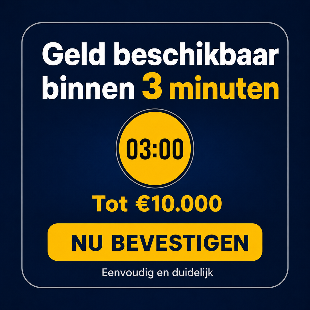 Crie uma peça publicitária ORIGINAL para o mercado da Bélgica, escrita EXCLUSIVAMENTE em holandês (Nederlands).  IMPORTANTE: A imagem de referência fornecida deve ser usada SOMENTE como inspiração para a estrutura de comunicação e para a ideia de um anúncio financeiro rápido e direto.  NÃO copie a imagem de referência. NÃO reproduza exatamente sua composição. NÃO copie suas cores. NÃO copie sua tipografia. NÃO copie seus elementos gráficos. NÃO copie seus contornos ou formas. NÃO faça uma simples tradução da imagem original.  Crie uma nova identidade visual, mais sofisticada, moderna e adequada para uma marca financeira/fintech voltada ao público da Bélgica.  O conceito deve transmitir: - rapidez; - disponibilidade; - simplicidade; - confiança; - ação imediata; - modernidade; - serviço financeiro digital.  A peça deve ser visualmente forte e compreensível em aproximadamente 1 segundo.  ================================================== FORMATO ==================================================  Imagem quadrada 1:1.  Alta resolução.  Design otimizado para publicidade em redes sociais e dispositivos móveis.  Composição compacta, centralizada e extremamente organizada.  Não utilizar fotografia.  Não utilizar pessoas.  Não utilizar mãos.  Não utilizar dinheiro físico.  Não utilizar moedas.  Não utilizar cartões bancários.  Não utilizar prédios de bancos.  Não utilizar gráficos financeiros.  Não utilizar elementos decorativos desnecessários.  O anúncio deve parecer uma peça gráfica digital profissional de uma fintech europeia moderna.  ================================================== PALETA DE CORES ==================================================  Utilizar principalmente:  AZUL-MARINHO: #14213D  AMARELO DOURADO: #FFC928  BRANCO: #FFFFFF  PRETO: #111111  CINZA MUITO CLARO: #E8ECF0  O azul-marinho deve ser a cor predominante do fundo.  O amarelo dourado deve ser utilizado para criar contraste e chamar atenção para as informações mais importantes.  O branco deve ser usado para a headline e informações secundárias.  O preto deve aparecer somente em pequenos detalhes, principalmente no cronômetro.  O cinza claro pode ser utilizado em detalhes muito discretos.  NÃO utilizar vermelho.  NÃO utilizar laranja.  NÃO utilizar roxo.  NÃO utilizar verde como cor principal.  A combinação azul-marinho + amarelo deve transmitir uma sensação de confiança, energia e modernidade.  A inspiração cromática pode remeter sutilmente às cores da Bélgica, mas NÃO transformar o anúncio em uma bandeira belga e NÃO utilizar as cores da bandeira de maneira literal.  ================================================== FUNDO ==================================================  Criar um fundo azul-marinho profundo e uniforme.  Cor aproximada: #14213D  O fundo deve ser elegante e sólido.  Pode existir um gradiente radial extremamente sutil, com uma pequena variação de luminosidade no centro, mas o resultado deve continuar parecendo um fundo limpo.  Não utilizar textura.  Não utilizar ruído.  Não utilizar padrões.  Não utilizar brilho excessivo.  Não utilizar efeitos neon.  ================================================== CONTAINER PRINCIPAL ==================================================  Criar um grande painel/card centralizado sobre o fundo azul-marinho.  O card deve ter uma cor azul-marinho ligeiramente diferente do fundo, ou utilizar uma área interna em azul-marinho profundo com uma borda muito sutil.  O card deve possuir cantos arredondados.  A aparência deve ser semelhante a uma interface de aplicativo financeiro premium.  O card deve ocupar aproximadamente 85–90% da largura da imagem e aproximadamente 80–85% da altura.  Manter margens externas confortáveis.  O design deve parecer compacto, porém não apertado.  ================================================== HEADLINE PRINCIPAL ==================================================  Na parte superior do card, inserir EXATAMENTE o seguinte texto em holandês:  "Geld beschikbaar binnen 3 minuten"  Dividir o texto em duas linhas:  "Geld beschikbaar"  "binnen 3 minuten"  IMPORTANTE: O texto deve ser escrito EXATAMENTE dessa maneira.  Não traduzir.  Não adicionar palavras.  Não remover palavras.  Não utilizar português.  Não utilizar francês.  Não utilizar inglês.  Utilizar exclusivamente holandês.  A headline deve ser grande, pesada e extremamente legível.  Fonte: sans-serif moderna e bold/extra bold.  Estilo semelhante a: Montserrat ExtraBold, Inter ExtraBold, Manrope ExtraBold, Helvetica Neue Bold, ou uma fonte equivalente.  Cor: #FFFFFF  Centralizar perfeitamente.  A frase deve ocupar aproximadamente 70–80% da largura interna do card.  A segunda linha pode ser ligeiramente maior ou receber maior peso visual para enfatizar:  "3 minuten"  A expressão "3 minuten" pode receber destaque em amarelo dourado #FFC928, enquanto "Geld beschikbaar binnen" permanece branca.  Isso deve criar uma hierarquia visual clara.  Exemplo visual:  Geld beschikbaar binnen **3 minuten**  A palavra "minuten" continua em amarelo juntamente com "3".  ================================================== ELEMENTO DE TEMPO ==================================================  Abaixo da headline, criar um pequeno cronômetro digital circular.  O cronômetro deve ser ORIGINAL e moderno.  Não copiar o cronômetro da referência.  Criar um círculo amarelo dourado #FFC928 com uma borda azul-marinho ou preta discreta.  Dentro do círculo, apresentar um pequeno display digital:  "03:00"  O texto "03:00" deve estar em preto ou azul-marinho escuro.  A aparência deve lembrar um pequeno temporizador de interface digital.  O círculo deve ser perfeitamente simétrico.  Não utilizar relógio realista.  Não utilizar relógio de ponteiros tradicional.  Não adicionar números extras.  Não adicionar elementos decorativos excessivos.  O cronômetro deve funcionar como um elemento visual que reforça a ideia de rapidez.  ================================================== DESTAQUE DE VALOR ==================================================  Abaixo do cronômetro, inserir um pequeno destaque financeiro.  Utilizar:  "Tot €10.000"  OU, caso o valor máximo real da oferta seja diferente, substituir pelo valor correto.  A expressão deve estar em holandês.  O valor deve ser grande, mas menor que a headline.  Usar amarelo dourado #FFC928.  A tipografia deve ser pesada e moderna.  Não adicionar símbolos financeiros adicionais.  ================================================== BOTÃO ==================================================  Na parte inferior do card, criar um único botão de ação.  O botão deve ser amarelo dourado:  #FFC928  Formato: - horizontal; - grande; - cantos arredondados; - aparência moderna; - largura aproximadamente 65–75% da área interna; - altura suficiente para ser claramente clicável visualmente.  Dentro do botão, escrever EXATAMENTE:  "NU BEVESTIGEN"  O texto deve ser:  - uppercase; - sans-serif; - bold; - azul-marinho #14213D; - perfeitamente centralizado.  O botão deve ser visualmente forte, mas elegante.  Não utilizar sombra exagerada.  Não utilizar efeito 3D.  Não utilizar brilho neon.  O botão deve parecer um CTA moderno de uma fintech.  ================================================== MICRODETALHE DE CONFIANÇA ==================================================  Se houver espaço visual suficiente, adicionar abaixo do botão uma pequena linha de texto em branco/cinza muito claro:  "Eenvoudig en duidelijk"  A frase deve ser pequena e discreta.  Ela significa "Simples e claro".  Não deixar esse texto competir com a headline.  Se o espaço ficar apertado, NÃO adicionar essa frase.  A prioridade é manter a composição limpa.  ================================================== HIERARQUIA VISUAL ==================================================  A hierarquia precisa ser:  1. "3 minuten" 2. "Geld beschikbaar" 3. cronômetro "03:00" 4. valor máximo do empréstimo 5. botão "NU BEVESTIGEN"  A pessoa deve entender imediatamente:  DINHEIRO DISPONÍVEL → 3 MINUTOS → AÇÃO  O número "3" deve ser especialmente chamativo.  ================================================== ESTILO TIPOGRÁFICO ==================================================  Usar apenas fontes sans-serif modernas.  Headline: ExtraBold / Black.  Valores: Bold / ExtraBold.  Botão: Bold.  Informações secundárias: Medium / Semibold.  Todas as letras devem ser perfeitamente nítidas.  Não distorcer caracteres.  Não utilizar fontes manuscritas.  Não utilizar fontes serifadas.  Não utilizar fontes futuristas.  Não utilizar efeitos cromados.  Não utilizar efeitos metálicos.  Não utilizar texto em perspectiva.  ================================================== COMPOSIÇÃO ==================================================  A composição final deve seguir aproximadamente esta estrutura:  FUNDO AZUL-MARINHO  ┌─────────────────────────────┐ │                             │ │     Geld beschikbaar        │ │      binnen 3 minuten       │ │                             │ │            ◉                │ │          03:00              │ │                             │ │          Tot €10.000        │ │                             │ │      ┌─────────────────┐    │ │      │  NU BEVESTIGEN  │    │ │      └─────────────────┘    │ │                             │ │      Eenvoudig en duidelijk │ │                             │ └─────────────────────────────┘  Essa representação é apenas uma orientação estrutural.  O resultado final deve ser visualmente muito mais refinado e profissional.  ================================================== SENSAÇÃO DA MARCA ==================================================  A peça deve parecer criada por uma empresa financeira digital europeia.  Não deve parecer um anúncio genérico de empréstimo.  Não deve parecer um panfleto.  Não deve parecer um anúncio de cassino.  Não deve parecer um anúncio de supermercado.  Não deve parecer uma propaganda de aplicativo barato.  Deve transmitir:  CONFIANÇA + RAPIDEZ + SIMPLICIDADE + OPORTUNIDADE  O amarelo deve trazer energia.  O azul-marinho deve trazer confiança.  O branco deve trazer clareza.  ================================================== REGRAS DE TEXTO ==================================================  Os únicos textos permitidos são:  "Geld beschikbaar"  "binnen 3 minuten"  "03:00"  "Tot €10.000"  "NU BEVESTIGEN"  "Eenvoudig en duidelijk"  Não adicionar qualquer outra frase.  Não adicionar logotipo fictício.  Não adicionar nome de empresa.  Não adicionar endereço.  Não adicionar URL.  Não adicionar número de telefone.  Não adicionar disclaimer inventado.  Não adicionar texto em português.  Não adicionar texto em francês.  Não adicionar texto em inglês.  TODO O TEXTO DEVE ESTAR EM HOLANDÊS.  ================================================== RESULTADO FINAL ==================================================  Criar uma peça publicitária quadrada, original, moderna e extremamente chamativa para o mercado belga neerlandófono.  A peça deve manter a ideia de "dinheiro disponível rapidamente", mas apresentar essa mensagem através de uma estética fintech europeia sofisticada.  O design deve ser muito mais elegante que um anúncio promocional tradicional.  Usar azul-marinho como base, amarelo dourado como destaque e branco como cor de texto.  A imagem deve ser simples o suficiente para ser entendida imediatamente, mas sofisticada o suficiente para parecer uma campanha profissional de uma empresa financeira europeia.  Não copiar a imagem de referência. Criar uma composição original.