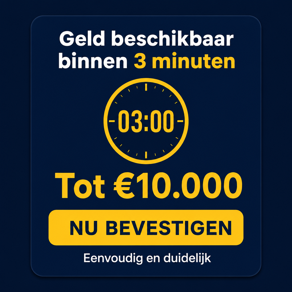 Crie uma peça publicitária ORIGINAL, quadrada, em alta resolução, para o mercado da Bélgica, escrita EXCLUSIVAMENTE em holandês (Nederlands). Use a imagem de referência apenas como inspiração para a linguagem publicitária: mensagem extremamente direta, forte hierarquia visual, sensação de rapidez, valor financeiro em destaque, tipografia grande e impacto imediato. NÃO copie a imagem de referência, não reproduza sua composição, cores, tipografia, elementos, formas ou layout; crie uma identidade visual completamente original, sofisticada e adequada a uma fintech europeia. O anúncio deve transmitir confiança, rapidez, simplicidade, oportunidade e ação imediata, com aparência profissional e moderna, otimizada para visualização em celular e redes sociais. Use formato 1:1, composição centralizada, limpa e compacta, sem fotografias, pessoas, mãos, dinheiro físico, moedas, cartões, prédios bancários, gráficos ou elementos decorativos desnecessários. A paleta deve ser baseada em azul-marinho profundo #14213D como cor predominante do fundo, amarelo dourado #FFC928 como cor de destaque, branco #FFFFFF para textos principais, preto #111111 para pequenos detalhes e cinza-claro #E8ECF0 apenas em elementos secundários. NÃO usar vermelho, laranja, roxo ou verde como cores principais. O fundo deve ser azul-marinho sólido e elegante, podendo ter apenas uma variação de luminosidade extremamente sutil, sem textura, ruído, padrões ou efeitos neon. No centro da imagem, criar um grande painel/card com aparência de interface financeira premium, com cantos arredondados e uma tonalidade azul-marinho ligeiramente diferente do fundo, mantendo uma separação visual muito sutil. Na parte superior do card, inserir exatamente o texto em holandês “Geld beschikbaar binnen 3 minuten”, dividido em duas linhas: “Geld beschikbaar” e “binnen 3 minuten”. Usar uma fonte sans-serif moderna, extremamente pesada e profissional, semelhante a Montserrat ExtraBold, Inter ExtraBold, Manrope ExtraBold ou Helvetica Neue Bold. A headline deve ser branca, centralizada e ocupar grande parte da largura do card, mas a expressão “3 minuten” deve receber destaque em amarelo dourado #FFC928 para enfatizar a rapidez. Abaixo da headline, inserir um pequeno cronômetro circular moderno e original, sem copiar o cronômetro da referência, usando amarelo dourado #FFC928 no círculo externo e azul-marinho ou preto nos detalhes internos, com o visor digital mostrando exatamente “03:00”. O cronômetro deve parecer um elemento de interface digital moderno, perfeitamente simétrico, limpo e simples, sem relógio de ponteiros tradicional e sem elementos desnecessários. Abaixo do cronômetro, inserir o valor financeiro “Tot €10.000”, usando uma tipografia sans-serif bold ou extra bold, grande e muito legível, em amarelo dourado #FFC928, tornando o valor um dos principais pontos de atenção da composição. Na parte inferior do card, criar um único botão de ação moderno, horizontal, com cantos arredondados e preenchimento amarelo dourado #FFC928. Dentro dele escrever exatamente “NU BEVESTIGEN”, em letras maiúsculas, fonte sans-serif bold, perfeitamente centralizadas e na cor azul-marinho #14213D. O botão deve parecer um CTA moderno de uma fintech europeia, sem efeitos 3D, sem brilho exagerado e sem sombras pesadas. Abaixo do botão, se houver espaço suficiente, inserir discretamente a frase “Eenvoudig en duidelijk”, em branco ou cinza muito claro, pequena e secundária, sem competir com a headline. A hierarquia visual deve ser extremamente clara: primeiro “3 minuten”, depois “Geld beschikbaar”, depois o cronômetro “03:00”, depois “Tot €10.000” e finalmente o botão “NU BEVESTIGEN”. O espectador deve entender a mensagem em aproximadamente um segundo: dinheiro disponível rapidamente, até €10.000, com possibilidade de confirmação. O design deve parecer criado por uma empresa financeira digital europeia moderna, transmitindo confiança, rapidez, simplicidade e profissionalismo, sem aparência de panfleto, supermercado, cassino ou anúncio financeiro barato. Usar apenas fontes sans-serif modernas, sem serifas, fontes manuscritas, fontes decorativas ou efeitos futuristas. Todos os textos devem estar perfeitamente legíveis, sem distorções, sem erros ortográficos e exatamente como especificados. Os únicos textos permitidos são “Geld beschikbaar”, “binnen 3 minuten”, “03:00”, “Tot €10.000”, “NU BEVESTIGEN” e “Eenvoudig en duidelijk”. Não adicionar logotipo, nome fictício de empresa, URL, telefone, disclaimer inventado, texto em português, francês ou inglês, nem qualquer outra informação. O resultado final deve ser uma peça publicitária original, sofisticada, minimalista e extremamente chamativa para o público belga de língua holandesa, utilizando azul-marinho como base, amarelo dourado como destaque e branco para clareza, mantendo a ideia de rapidez da imagem de referência sem copiar absolutamente nenhum elemento visual específico dela.