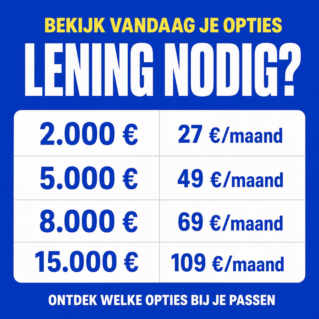 Crie uma peça publicitária profissional para divulgação de empréstimos pessoais na Bélgica, destinada a adultos que falam holandês. Gere uma única imagem vertical, proporção 4:5, resolução exata de 1080 × 1350 pixels. A imagem será utilizada em blocos de mensagens e precisa ser compreendida visualmente em menos de três segundos.  DIREÇÃO DE ARTE: Use um fundo azul-elétrico sólido, código hexadecimal #073BCE, ocupando 100% da imagem. Combine exclusivamente azul, branco e amarelo vivo #FFE34D. O estilo deve ser gráfico, tipográfico, minimalista, moderno e direto, semelhante a uma peça publicitária editorial feita por um designer profissional.  COMPOSIÇÃO E POSICIONAMENTO:  1. MARGENS: mantenha pelo menos 60 pixels de margem lateral e 45 pixels nas extremidades superior e inferior. Nenhum texto pode ficar cortado.  2. CABEÇALHO: reserve aproximadamente os primeiros 290 pixels da imagem para o título. Na parte superior, coloque a frase “BEKIJK VANDAAG JE OPTIES” em amarelo, com letras maiúsculas, negrito e tamanho aproximado de 30–34 pixels. Centralize o texto.  3. TÍTULO PRINCIPAL: logo abaixo, escreva “LENING NODIG?” em branco, caixa alta, fonte sans-serif condensada, extremamente pesada e de alta legibilidade. Use tamanho aproximado de 100–115 pixels. Centralize o título em uma linha, se possível, sem cortar letras.  4. TABELA: posicione uma tabela branca grande entre aproximadamente 350 e 1080 pixels de altura. A tabela deve ocupar quase toda a largura disponível, respeitando as margens. Use formato retangular, cantos arredondados com raio de aproximadamente 20 pixels, fundo branco puro e quatro linhas horizontais. Divida-a em duas colunas por uma linha vertical cinza-claro. As divisórias devem ser finas, uniformes e perfeitamente retas.  5. CONTEÚDO DA TABELA: reproduza exatamente estes quatro pares de valores, na ordem apresentada:  Linha 1: “2.000 €” | “27 €/maand” Linha 2: “5.000 €” | “49 €/maand” Linha 3: “8.000 €” | “69 €/maand” Linha 4: “15.000 €” | “109 €/maand”  Posicione os valores de empréstimo na coluna esquerda, centralizados horizontalmente e verticalmente. Na coluna direita, coloque as parcelas mensais também centralizadas. Use tipografia sans-serif preta, espessa e muito legível. Os valores da coluna esquerda devem ter aproximadamente 58–66 pixels. Os valores da coluna direita devem ter aproximadamente 42–48 pixels para que “109 €/maand” caiba sem tocar nas bordas. Preserve exatamente os pontos, símbolos do euro e textos fornecidos.  6. RODAPÉ: abaixo da tabela, escreva “ONTDEK WELKE OPTIES BIJ JE PASSEN” em branco, em negrito e caixa alta, com tamanho aproximado de 27–32 pixels. Centralize e mantenha distância suficiente da tabela.  ESTILO TIPOGRÁFICO: Utilize uma fonte semelhante a Anton, Oswald ExtraBold ou uma sans-serif condensada equivalente no título. Na tabela, use uma fonte semelhante a Montserrat ExtraBold. Priorize letras limpas e sem distorções.  RESTRIÇÕES ABSOLUTAS: Não incluir pessoas, rostos, mãos, fotografias, notas de dinheiro, moedas, calculadoras, casas, carros, ícones, emojis, ilustrações, bandeiras, logotipos, marcas-d'água, botões ou elementos tridimensionais. Não usar gradientes, sombras pesadas, texturas, brilhos ou elementos decorativos aleatórios. Não acrescentar outros textos, valores, taxas, prazos, promessas ou informações não especificadas.  RESULTADO: Uma arte publicitária tipográfica, limpa e contrastante, com título imediatamente legível, tabela como elemento principal e leitura perfeita em telas de celular. Todos os textos devem estar em holandês belga natural. Reproduza os textos exatamente como fornecidos, sem traduções, letras inventadas ou erros ortográficos.
