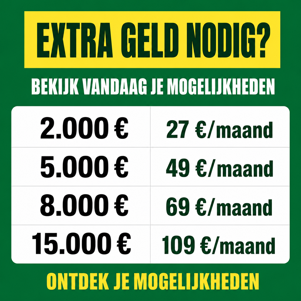 Crie uma única peça publicitária para empréstimos pessoais na Bélgica, com comunicação destinada ao público de língua holandesa. O formato deve ser vertical, 4:5, com resolução de 1080 × 1350 pixels. A arte será exibida em blocos de mensagens, portanto deve apresentar uma hierarquia visual muito clara, texto grande e poucos elementos.  CONCEITO VISUAL: Utilize verde-esmeralda escuro #087A36 como cor de fundo principal. Use amarelo-limão #FDE047 para uma faixa de destaque e branco #FFFFFF para a tabela. Os textos sobre fundo verde devem ser brancos ou amarelos. O texto sobre amarelo deve ser verde-escuro ou preto. Não introduza outras cores além de cinza-claro para divisórias.  LAYOUT PRECISO:  1. FUNDO: preencha toda a imagem com verde-esmeralda sólido #087A36, sem fotografias, padrões, texturas ou gradientes.  2. FAIXA SUPERIOR: na região entre 55 e 220 pixels a partir do topo, coloque uma faixa horizontal amarela, larga e retangular, com margens laterais de 55 pixels. A faixa deve ocupar aproximadamente 150 pixels de altura, sem contornos, sombras ou efeitos 3D.  3. TÍTULO: dentro da faixa amarela, escreva exatamente “EXTRA GELD NODIG?” em verde-escuro #12351E. Utilize uma fonte sans-serif condensada, extremamente pesada, em caixa alta, com tamanho aproximado de 68–78 pixels. Centralize o texto vertical e horizontalmente. O título deve ser o primeiro elemento percebido pelo observador.  4. FRASE DE URGÊNCIA: abaixo da faixa, sobre o fundo verde, escreva exatamente “BEKIJK VANDAAG JE MOGELIJKHEDEN” em branco, em negrito, caixa alta e tamanho aproximado de 30–34 pixels. Alinhe o texto ao centro e reserve espaço para que a frase não encoste na tabela.  5. TABELA CENTRAL: posicione uma tabela branca entre aproximadamente 380 e 1080 pixels de altura. Use largura aproximada de 970 pixels, centralizada, com cantos arredondados de 18 pixels. A tabela deve conter quatro linhas horizontais e duas colunas, divididas por linhas cinza-claro muito finas. Não adicione cabeçalhos, ícones ou ilustrações.  6. TEXTO E VALORES: apresente os seguintes pares de informações, mantendo a ordem e a grafia exatas:  “2.000 €” | “27 €/maand” “5.000 €” | “49 €/maand” “8.000 €” | “69 €/maand” “15.000 €” | “109 €/maand”  Coloque os valores de empréstimo na coluna esquerda e as parcelas na coluna direita. Use fonte sans-serif ExtraBold, com letras pretas na primeira coluna e verde-escuro na segunda. Os valores devem ser grandes, com alinhamento vertical centralizado em cada linha. Use aproximadamente 58–64 pixels na coluna esquerda e 42–48 pixels na direita, reduzindo apenas o necessário para evitar cortes.  7. RODAPÉ: abaixo da tabela, posicione o texto “ONTDEK JE MOGELIJKHEDEN” em amarelo-limão, em caixa alta, negrito e tamanho aproximado de 32 pixels. Centralize o texto. Deixe pelo menos 35 pixels de espaço entre a tabela e o rodapé.  TIPOGRAFIA: Use uma fonte semelhante a Anton, Bebas Neue ou Oswald Bold para o título. Para a tabela, use Montserrat ExtraBold ou equivalente. Todos os caracteres devem ser nítidos, sem deformações, sem letras duplicadas e sem erros.  NÃO PERMITIDO: Pessoas, rostos, mãos, fotografias, dinheiro, moedas, notas, calculadoras, casas, carros, bandeiras, ícones, emojis, desenhos, ilustrações, logotipos, botões, selos, sombras exageradas, gradientes, reflexos, efeitos metálicos ou enfeites aleatórios. Não incluir informações financeiras adicionais, prazos, taxas ou garantias de aprovação.  RESULTADO ESPERADO: Um anúncio gráfico simples, de alto contraste e leitura instantânea, composto apenas por fundo verde, faixa amarela, tipografia e tabela branca. Todo o texto deve permanecer em holandês belga e seguir literalmente o conteúdo especificado.