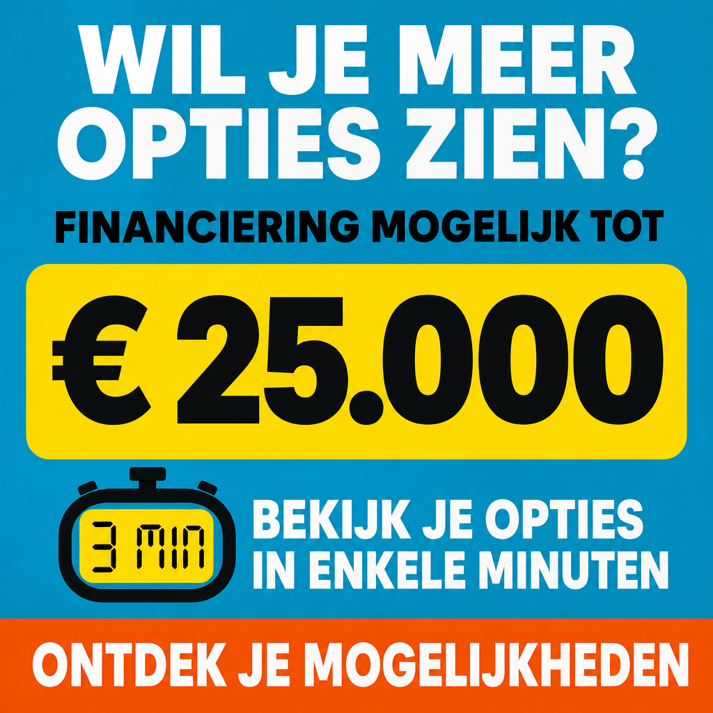 Crie um anúncio publicitário vertical para divulgação de opções de financiamento na Bélgica, destinado exclusivamente ao público de língua holandesa. A imagem deve ter proporção 1:1, resolução de 1080 × 1080 pixels, otimizada para leitura rápida em dispositivos móveis e blocos de mensagens.  **CONCEITO VISUAL**  Combine de maneira equilibrada dois estilos gráficos: um anúncio com fundo azul-turquesa, título branco e valor financeiro em amarelo; e outro com fundo laranja intenso, tipografia pesada e um cronômetro digital simples.  O resultado deve parecer uma única peça publicitária coesa, não uma colagem de duas imagens. Utilize apenas cores sólidas, textos grandes, retângulos com cantos arredondados e um único elemento gráfico simples inspirado em um cronômetro digital.  **PALETA DE CORES**  * Azul-turquesa: #079FC0. * Laranja vibrante: #FF590A. * Amarelo vivo: #FFE900. * Branco: #FFFFFF. * Preto: #111111.  Use o azul-turquesa como fundo predominante, com uma área laranja para criar contraste. O amarelo deve ser reservado principalmente para destacar o valor financeiro. Não distribua todas as cores indiscriminadamente.  **COMPOSIÇÃO E POSICIONAMENTO**  1. TÍTULO SUPERIOR  Na parte superior, ocupando aproximadamente 25% da imagem, coloque o texto:  “WIL JE MEER OPTIES ZIEN?”  Escreva em holandês, em letras brancas, maiúsculas, muito grandes e em negrito. Utilize uma fonte sans-serif pesada, semelhante a Anton, Arial Black ou Montserrat ExtraBold. Centralize o título e distribua-o em duas linhas equilibradas, se necessário.  2. SUBTÍTULO FINANCEIRO  Logo abaixo do título, sobre uma área branca ou azul-turquesa contrastante, escreva:  “FINANCIERING MOGELIJK TOT”  Utilize letras pretas, em negrito, menores que o título, mas suficientemente grandes para leitura em telas pequenas. Centralize o texto.  3. DESTAQUE PRINCIPAL DO VALOR  No centro da imagem, crie um retângulo amarelo intenso, largo, com cantos arredondados discretos.  Dentro dele, coloque o valor:  “€ 25.000”  O valor deve ser o elemento visual de maior destaque, com números pretos, extremamente grandes, pesados e perfeitamente legíveis. Centralize horizontal e verticalmente. Preserve exatamente o valor de 25.000 euros.  4. ELEMENTO DE URGÊNCIA  Abaixo do valor, crie um elemento gráfico simples inspirado em um cronômetro digital, com contorno preto, visor amarelo e números digitais vermelhos ou pretos.  No visor, escreva:  “3 MIN”  Ao lado ou logo abaixo, insira a frase em holandês:  “BEKIJK JE OPTIES IN ENKELE MINUTEN”  Utilize letras brancas ou pretas, dependendo do fundo, com tipografia forte e legível.  O cronômetro deve ser plano e minimalista, semelhante a um pequeno visor digital. Não use fotografias, renderização 3D, sombras exageradas ou detalhes mecânicos. A referência ao tempo deve comunicar rapidez na consulta das opções, sem afirmar que o dinheiro será disponibilizado em três minutos.  5. PARTE INFERIOR  Finalize com uma faixa horizontal azul-turquesa ou laranja, usando apenas uma das cores para manter a composição limpa.  Dentro da faixa, escreva:  “ONTDEK JE MOGELIJKHEDEN”  Utilize letras brancas, maiúsculas, em negrito, centralizadas e com espaçamento confortável.  A faixa deve ser exclusivamente um bloco gráfico decorativo, sem aparência de botão clicável.  **REGRAS OBRIGATÓRIAS**  * Todo o texto deve estar em holandês belga natural. * Não incluir botões de qualquer tipo. * Não incluir pessoas, rostos, mãos ou silhuetas humanas. * Não incluir notas de dinheiro, moedas, calculadoras, casas, carros ou fotografias. * Não incluir bandeiras, logotipos, marcas-d'água, ícones extras ou ilustrações decorativas. * Não incluir tabelas, gráficos ou informações financeiras adicionais. * Não utilizar contagem regressiva falsa, prazos inventados ou promessas de aprovação garantida. * Não alterar o valor de € 25.000. * Não inventar taxas de juros, parcelas mensais ou condições de crédito. * Não dividir a arte em painéis nem reproduzir literalmente qualquer uma das imagens de referência. * Evitar gradientes excessivos, brilhos, sombras pesadas, texturas e efeitos 3D. * Manter todas as informações dentro das margens de segurança.  **RESULTADO FINAL**  Uma única imagem quadrada, moderna, vibrante e minimalista. O fundo azul-turquesa combina com uma área laranja discreta, enquanto o valor de € 25.000 aparece em um bloco amarelo central. O título é branco e impactante. Um pequeno cronômetro digital reforça a ideia de rapidez, sem competir com o valor principal.  A composição deve ser imediatamente compreensível, com poucos elementos, alto contraste e excelente legibilidade em dispositivos móveis. A aparência deve ser profissional, direta e adequada à publicidade financeira na Bélgica.