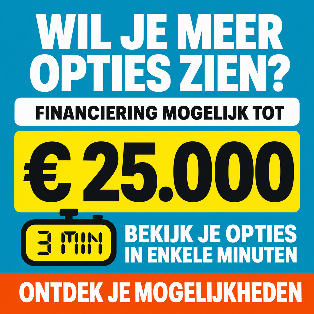 Crie um anúncio publicitário vertical para divulgação de opções de financiamento na Bélgica, destinado exclusivamente ao público de língua holandesa. A imagem deve ter proporção 1:1, resolução de 1080 × 1080 pixels, otimizada para leitura rápida em dispositivos móveis e blocos de mensagens.  **CONCEITO VISUAL**  Combine de maneira equilibrada dois estilos gráficos: um anúncio com fundo azul-turquesa, título branco e valor financeiro em amarelo; e outro com fundo laranja intenso, tipografia pesada e um cronômetro digital simples.  O resultado deve parecer uma única peça publicitária coesa, não uma colagem de duas imagens. Utilize apenas cores sólidas, textos grandes, retângulos com cantos arredondados e um único elemento gráfico simples inspirado em um cronômetro digital.  **PALETA DE CORES**  * Azul-turquesa: #079FC0. * Laranja vibrante: #FF590A. * Amarelo vivo: #FFE900. * Branco: #FFFFFF. * Preto: #111111.  Use o azul-turquesa como fundo predominante, com uma área laranja para criar contraste. O amarelo deve ser reservado principalmente para destacar o valor financeiro. Não distribua todas as cores indiscriminadamente.  **COMPOSIÇÃO E POSICIONAMENTO**  1. TÍTULO SUPERIOR  Na parte superior, ocupando aproximadamente 25% da imagem, coloque o texto:  “WIL JE MEER OPTIES ZIEN?”  Escreva em holandês, em letras brancas, maiúsculas, muito grandes e em negrito. Utilize uma fonte sans-serif pesada, semelhante a Anton, Arial Black ou Montserrat ExtraBold. Centralize o título e distribua-o em duas linhas equilibradas, se necessário.  2. SUBTÍTULO FINANCEIRO  Logo abaixo do título, sobre uma área branca ou azul-turquesa contrastante, escreva:  “FINANCIERING MOGELIJK TOT”  Utilize letras pretas, em negrito, menores que o título, mas suficientemente grandes para leitura em telas pequenas. Centralize o texto.  3. DESTAQUE PRINCIPAL DO VALOR  No centro da imagem, crie um retângulo amarelo intenso, largo, com cantos arredondados discretos.  Dentro dele, coloque o valor:  “€ 25.000”  O valor deve ser o elemento visual de maior destaque, com números pretos, extremamente grandes, pesados e perfeitamente legíveis. Centralize horizontal e verticalmente. Preserve exatamente o valor de 25.000 euros.  4. ELEMENTO DE URGÊNCIA  Abaixo do valor, crie um elemento gráfico simples inspirado em um cronômetro digital, com contorno preto, visor amarelo e números digitais vermelhos ou pretos.  No visor, escreva:  “3 MIN”  Ao lado ou logo abaixo, insira a frase em holandês:  “BEKIJK JE OPTIES IN ENKELE MINUTEN”  Utilize letras brancas ou pretas, dependendo do fundo, com tipografia forte e legível.  O cronômetro deve ser plano e minimalista, semelhante a um pequeno visor digital. Não use fotografias, renderização 3D, sombras exageradas ou detalhes mecânicos. A referência ao tempo deve comunicar rapidez na consulta das opções, sem afirmar que o dinheiro será disponibilizado em três minutos.  5. PARTE INFERIOR  Finalize com uma faixa horizontal azul-turquesa ou laranja, usando apenas uma das cores para manter a composição limpa.  Dentro da faixa, escreva:  “ONTDEK JE MOGELIJKHEDEN”  Utilize letras brancas, maiúsculas, em negrito, centralizadas e com espaçamento confortável.  A faixa deve ser exclusivamente um bloco gráfico decorativo, sem aparência de botão clicável.  **REGRAS OBRIGATÓRIAS**  * Todo o texto deve estar em holandês belga natural. * Não incluir botões de qualquer tipo. * Não incluir pessoas, rostos, mãos ou silhuetas humanas. * Não incluir notas de dinheiro, moedas, calculadoras, casas, carros ou fotografias. * Não incluir bandeiras, logotipos, marcas-d'água, ícones extras ou ilustrações decorativas. * Não incluir tabelas, gráficos ou informações financeiras adicionais. * Não utilizar contagem regressiva falsa, prazos inventados ou promessas de aprovação garantida. * Não alterar o valor de € 25.000. * Não inventar taxas de juros, parcelas mensais ou condições de crédito. * Não dividir a arte em painéis nem reproduzir literalmente qualquer uma das imagens de referência. * Evitar gradientes excessivos, brilhos, sombras pesadas, texturas e efeitos 3D. * Manter todas as informações dentro das margens de segurança.  **RESULTADO FINAL**  Uma única imagem quadrada, moderna, vibrante e minimalista. O fundo azul-turquesa combina com uma área laranja discreta, enquanto o valor de € 25.000 aparece em um bloco amarelo central. O título é branco e impactante. Um pequeno cronômetro digital reforça a ideia de rapidez, sem competir com o valor principal.  A composição deve ser imediatamente compreensível, com poucos elementos, alto contraste e excelente legibilidade em dispositivos móveis. A aparência deve ser profissional, direta e adequada à publicidade financeira na Bélgica.