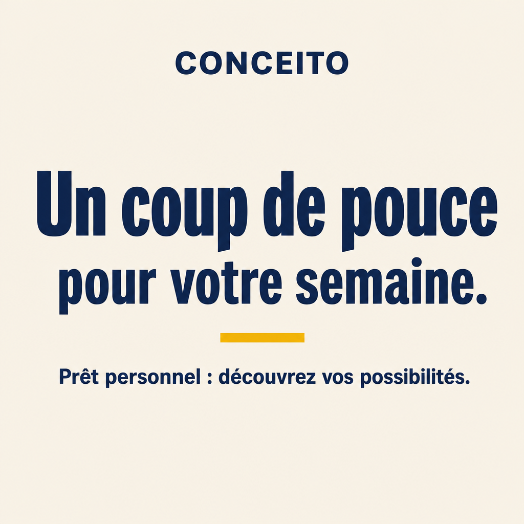Crie um criativo publicitário estático para empréstimo pessoal, direcionado ao público francófono da Bélgica.  **CONCEITO:** transmitir a ideia de que um apoio financeiro pode ajudar a pessoa a organizar sua semana e lidar com despesas cotidianas. A comunicação deve ser próxima, positiva e acolhedora, sem exageros ou promessas financeiras.  **TEXTO EXATO NA IMAGEM:**  Título principal: “Un coup de pouce”  Segunda linha, em destaque: “pour votre semaine.”  Texto complementar: “Prêt personnel : découvrez vos possibilités.”  Não adicione nenhum outro texto.  **DIREÇÃO VISUAL:** design gráfico minimalista, com aparência de cartaz editorial moderno. Use fundo bege-claro (#F3F0E8), tipografia azul-marinho (#1B2C48) e um pequeno detalhe amarelo (#E5B94B). A frase “Un coup de pouce” deve ser grande, pesada e imediatamente legível. A expressão “pour votre semaine.” deve ficar logo abaixo, com hierarquia tipográfica clara.  Acrescente, se necessário, uma pequena forma geométrica plana, como um retângulo ou uma linha horizontal. Não utilize ilustrações complexas.  **COMPOSIÇÃO:** formato vertical 4:5, alinhamento central, margens generosas e poucos elementos. O texto principal deve ocupar a maior parte da atenção visual. O texto complementar deve ser menor, mas legível em telas de celulares.  **ESTILO OBRIGATÓRIO:** cores sólidas, formas vetoriais simples, tipografia expressiva e acabamento limpo.  **NÃO UTILIZAR:** fotografias, pessoas, mãos, dinheiro físico, moedas, cartões bancários, efeitos 3D, gradientes, sombras, brilhos, texturas, mockups ou botões.  Reproduza o francês exatamente, incluindo acentos, pontuação e espaços. Não invente valores, taxas, prazos ou promessas de aprovação.