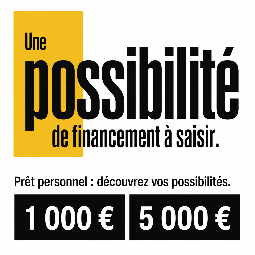 Crie um criativo publicitário minimalista para empréstimo pessoal destinado à Bélgica francófona.  **CONCEITO:** apresentar o financiamento pessoal como uma possibilidade que merece ser conhecida. A peça deve despertar curiosidade e interesse, sem transmitir pressão excessiva ou criar uma falsa sensação de urgência.  **TEXTO EXATO NA IMAGEM:**  Título: “Une possibilité”  Segunda linha: “de financement à saisir.”  Texto complementar: “Prêt personnel : découvrez vos possibilités.”  Valores em destaque, na parte inferior: “1 000 €” “5 000 €”  Não acrescente outras frases, slogans ou informações.  **DIREÇÃO VISUAL:** estilo tipográfico contemporâneo, inspirado em cartazes editoriais suíços. Fundo branco (#FFFFFF), texto preto (#111111) e amarelo sólido (#E5B94B) como cor de destaque. Utilize retângulos simples, linhas retas e blocos geométricos.  A palavra “possibilité” deve ter grande destaque. Organize a segunda linha de forma compacta, criando uma composição dinâmica sem utilizar efeitos visuais.  Os valores devem aparecer em duas caixas retangulares com fundo preto e texto branco, lado a lado.  **COMPOSIÇÃO:** vertical 4:5, leitura de cima para baixo, excelente contraste e espaços vazios intencionais. O resultado deve chamar a atenção pela tipografia, não pela quantidade de elementos.  **RESTRIÇÕES:** não usar fotografias, pessoas, moedas, notas, ilustrações realistas, gradientes, sombras, efeitos 3D, brilhos, botões ou contadores regressivos.  Não afirmar que a oferta é exclusiva, limitada ou garantida. Reproduzir todos os textos exatamente em francês, sem erros tipográficos.