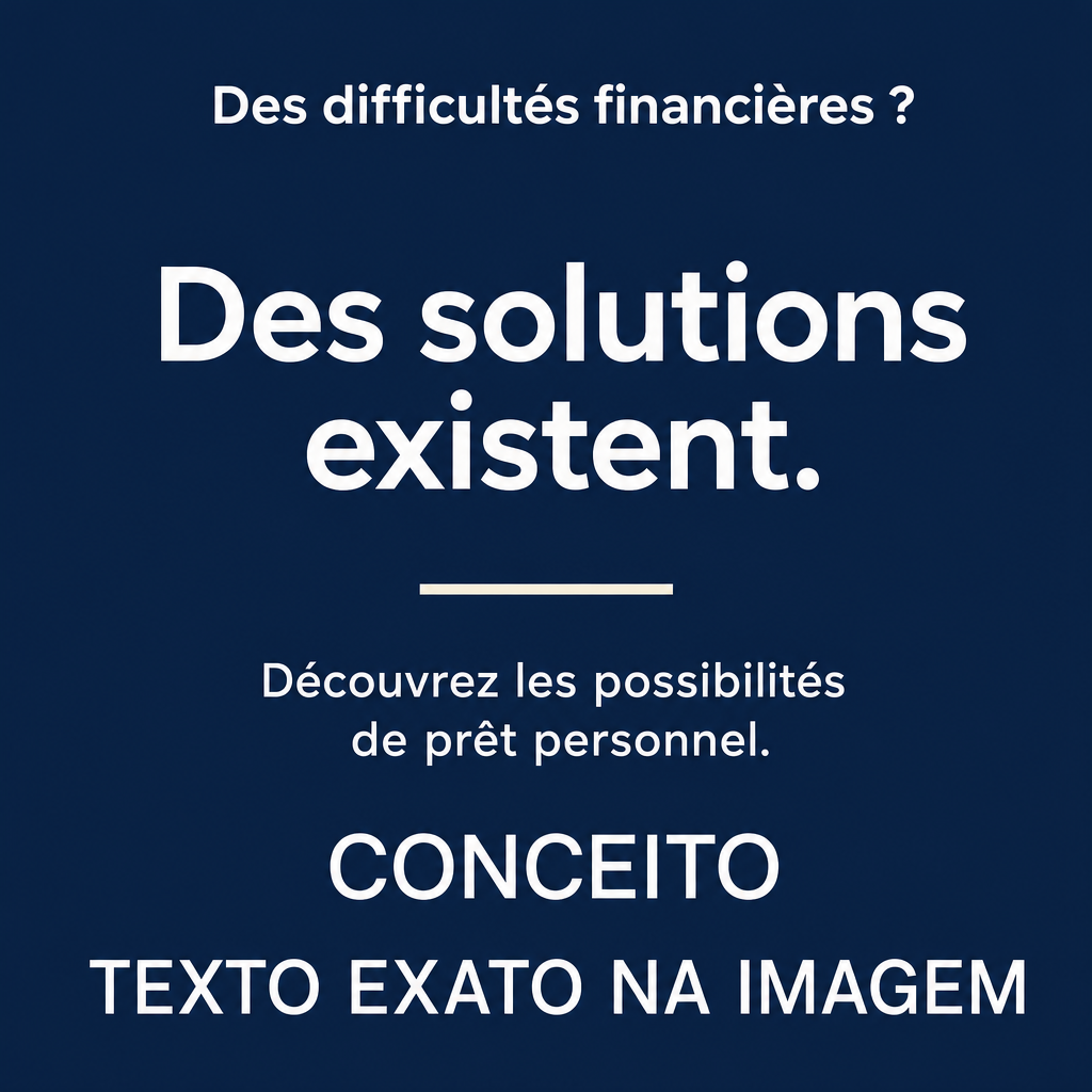 Desenvolva um criativo gráfico para empréstimo pessoal destinado ao público francófono da Bélgica, com foco em pessoas que procuram alternativas diante de dificuldades financeiras.  **CONCEITO:** transmitir acolhimento, respeito e a possibilidade de explorar opções financeiras. A imagem não deve envergonhar, culpar ou estigmatizar quem enfrenta dificuldades econômicas.  **TEXTO EXATO NA IMAGEM:**  Título principal: “Des difficultés financières ?”  Mensagem principal: “Des solutions existent.”  Texto complementar: “Découvrez les possibilités de prêt personnel.”  Não incluir outros textos.  **DIREÇÃO VISUAL:** minimalismo editorial, com fundo azul-marinho profundo (#1B2C48), texto branco (#FFFFFF) e um pequeno detalhe bege-claro (#F3F0E8). Use uma fonte sans-serif forte, moderna e extremamente legível.  A primeira frase deve aparecer na parte superior, em tamanho médio. A frase “Des solutions existent.” deve ser o elemento dominante, com letras grandes e espaçamento confortável.  Utilize uma linha horizontal fina ou um pequeno retângulo bege para separar as mensagens.  **COMPOSIÇÃO:** formato vertical 4:5, estrutura simples e centralizada. Preserve espaço negativo suficiente para transmitir calma e clareza.  **TOM:** humano, respeitoso, profissional e esperançoso. Evite linguagem agressiva ou qualquer elemento que associe dificuldades financeiras a fracasso pessoal.  **NÃO UTILIZAR:** fotografias, pessoas tristes, carteiras vazias, notas de dinheiro, moedas, gráficos financeiros, gradientes, sombras, texturas ou efeitos tridimensionais.  Reproduza exatamente os textos fornecidos. Não afirmar que todas as pessoas serão aprovadas ou que o financiamento está garantido.