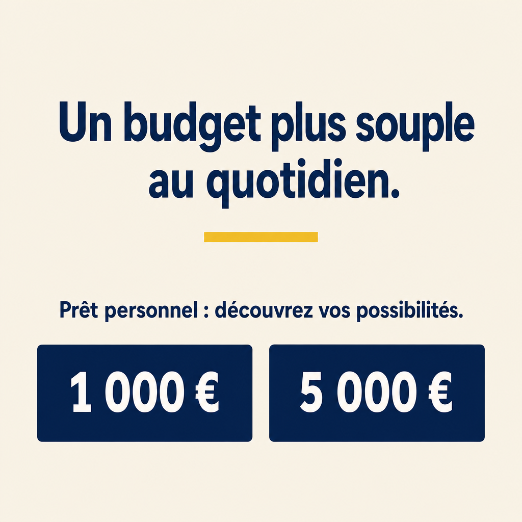 Crie um anúncio gráfico minimalista para empréstimo pessoal destinado ao mercado francófono da Bélgica.  **CONCEITO:** transmitir a ideia de mais flexibilidade na gestão das despesas cotidianas, utilizando uma mensagem afirmativa, simples e fácil de compreender.  **TEXTO EXATO NA IMAGEM:**  Título principal: “Un budget plus souple”  Segunda linha: “au quotidien.”  Texto complementar: “Prêt personnel : découvrez vos possibilités.”  Valores: “1 000 €” “5 000 €”  Não adicionar qualquer outro texto.  **DIREÇÃO VISUAL:** fundo bege-claro (#F3F0E8), tipografia azul-marinho (#1B2C48) e amarelo sólido (#E5B94B) para um único detalhe gráfico.  O título deve ser grande, com “Un budget plus souple” em destaque e “au quotidien.” logo abaixo. Utilize uma fonte sans-serif geométrica, encorpada e legível.  Na parte inferior, organize os dois valores em caixas retangulares azul-marinho, com números brancos grandes. As caixas devem ter cantos discretamente arredondados, sem sombras ou contornos decorativos.  **COMPOSIÇÃO:** formato vertical 4:5, simetria visual, margens amplas e distribuição equilibrada. O título deve ser o primeiro elemento percebido, seguido dos valores.  **ESTILO:** cartaz vetorial, design editorial limpo, cores sólidas e poucos elementos.  **PROIBIDO:** imagens realistas, pessoas, moedas, notas, cartões bancários, gradientes, efeitos 3D, sombras, brilhos, texturas e botões.  Não prometer que o empréstimo resolverá problemas financeiros ou garantirá maior poder de compra. Reproduzir todos os textos exatamente como fornecidos.