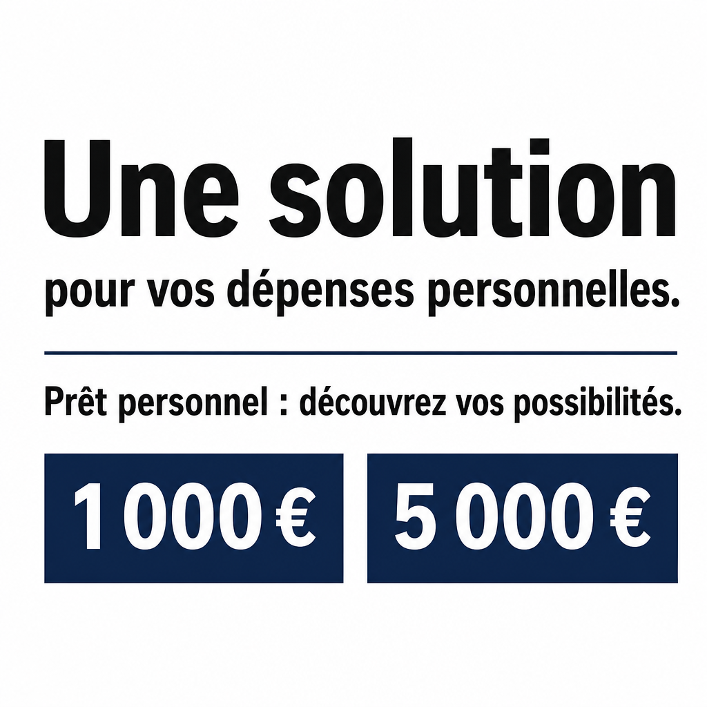 Crie um anúncio minimalista de empréstimo pessoal para o público francófono da Bélgica.  **CONCEITO:** comunicar de maneira direta que existem possibilidades de financiamento para despesas pessoais. O anúncio deve ser objetivo, fácil de ler e visualmente marcante.  **TEXTO EXATO NA IMAGEM:**  Título: “Une solution”  Segunda linha: “pour vos dépenses personnelles.”  Texto complementar: “Prêt personnel : découvrez vos possibilités.”  Valores na parte inferior: “1 000 €” “5 000 €”  Não adicionar textos ou números diferentes dos especificados.  **DIREÇÃO VISUAL:** fundo branco sólido (#FFFFFF), tipografia preta (#111111) e azul-marinho (#1B2C48) ou azul-cobalto como cor complementar. Utilize formas geométricas planas, como retângulos e linhas, sem ilustrações.  A expressão “Une solution” deve ser o elemento visual dominante. A segunda linha deve ser menor, mas perfeitamente legível. Os valores devem aparecer em duas caixas horizontais simples, com fundo azul-marinho e texto branco.  **COMPOSIÇÃO:** vertical 4:5, design tipográfico editorial, margens amplas e hierarquia clara. Evite excesso de informação e mantenha os elementos alinhados.  **ESTILO OBRIGATÓRIO:** gráfico, minimalista, bidimensional e construído exclusivamente com cores sólidas.  **NÃO USAR:** fotografias, moedas, dinheiro, pessoas, gradientes, sombras, efeitos 3D, brilhos, texturas ou botões.  Não afirmar que o crédito está aprovado, disponível para todos ou livre de condições. Reproduzir todos os textos em francês exatamente como fornecidos.