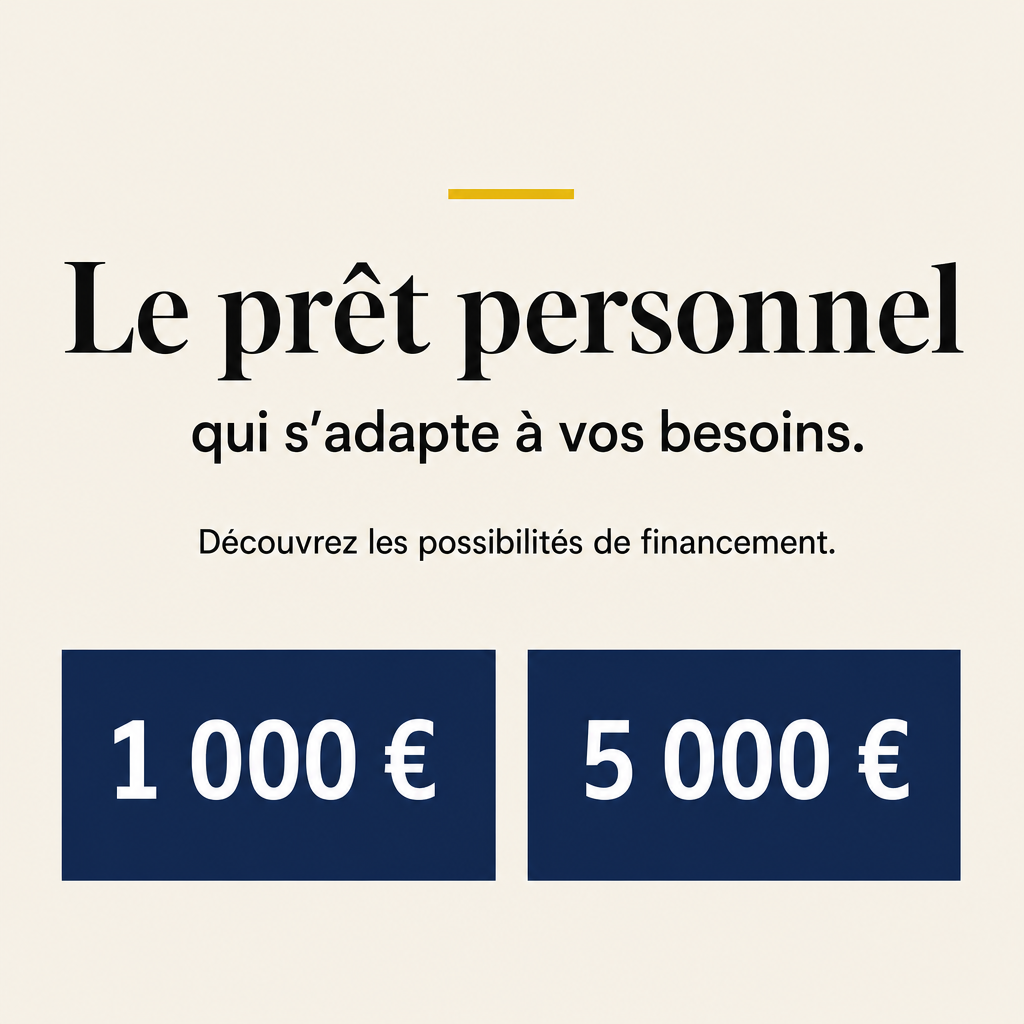 Crie um criativo publicitário minimalista para empréstimo pessoal destinado ao público da Bélgica francófona.  **CONCEITO:** destacar a ideia de uma opção de financiamento que considera as necessidades pessoais do consumidor. O tom deve ser profissional, acessível e confiável, sem sugerir aprovação automática ou condições individualizadas que não tenham sido confirmadas.  **TEXTO EXATO NA IMAGEM:**  Título principal: “Le prêt personnel”  Segunda linha: “qui s’adapte à vos besoins.”  Texto complementar: “Découvrez les possibilités de financement.”  Valores: “1 000 €” “5 000 €”  Não adicionar qualquer texto extra.  **DIREÇÃO VISUAL:** fundo bege-claro (#F3F0E8), texto preto (#111111), elementos azul-marinho (#1B2C48) e um pequeno detalhe amarelo (#E5B94B).  Utilize uma fonte serifada editorial para “Le prêt personnel” e uma fonte sans-serif limpa para a segunda linha e o texto complementar. O contraste entre as duas fontes deve ser discreto e elegante.  Coloque os valores na parte inferior em duas caixas azul-marinho, com números grandes em branco.  **COMPOSIÇÃO:** formato vertical 4:5, alinhamento central, espaços bem distribuídos e leitura clara em dispositivos móveis. O título deve ser dominante, enquanto as informações complementares permanecem secundárias.  **ESTILO:** cartaz gráfico bidimensional, tipografia de qualidade, formas geométricas básicas e cores sólidas.  **NÃO UTILIZAR:** fotografias, pessoas, dinheiro físico, moedas, cartões, gradientes, sombras, texturas, brilhos ou elementos 3D.  Reproduza todos os textos exatamente em francês. Não invente taxas, prazos, condições, garantias ou alegações de aprovação.